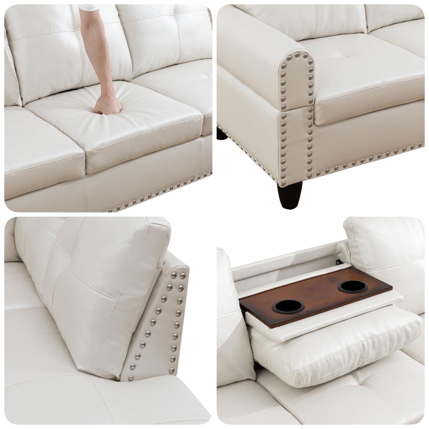 Topcomfy L Shaped Sectional Couches for Living Room with Movable Chaise & Storage Ottoman - 97.5" Leather V Shaped Couches for Apartment, Home Modular Sectional Sofas with Cup Holder, White