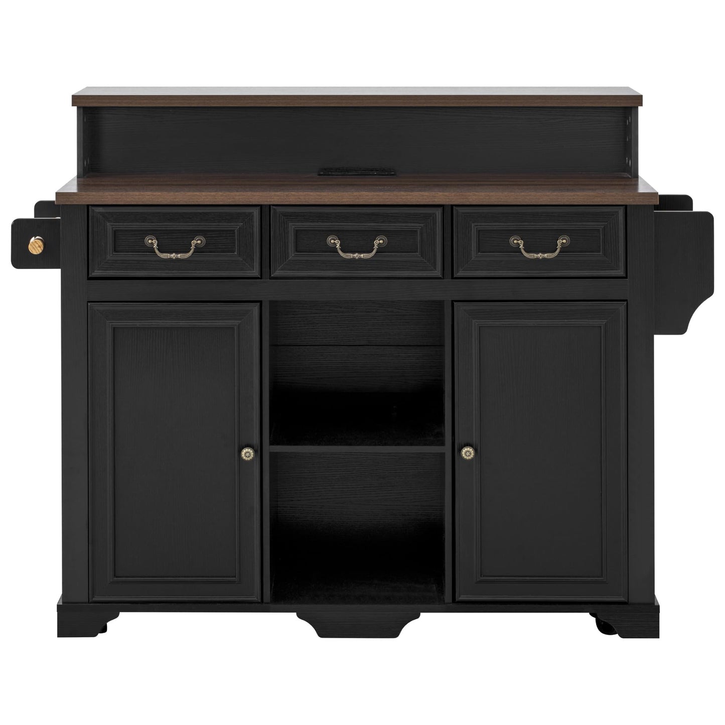 Merax 53.2" Two-Tier Kitchen Island with Storage, Farmhouse Kitchen Island with Power Outlet, 4 Door Shelves, Adjustable Shelves, 3 Drawers, Rolling Island Table, Bar Cabinet for Kitchen, Ash Black