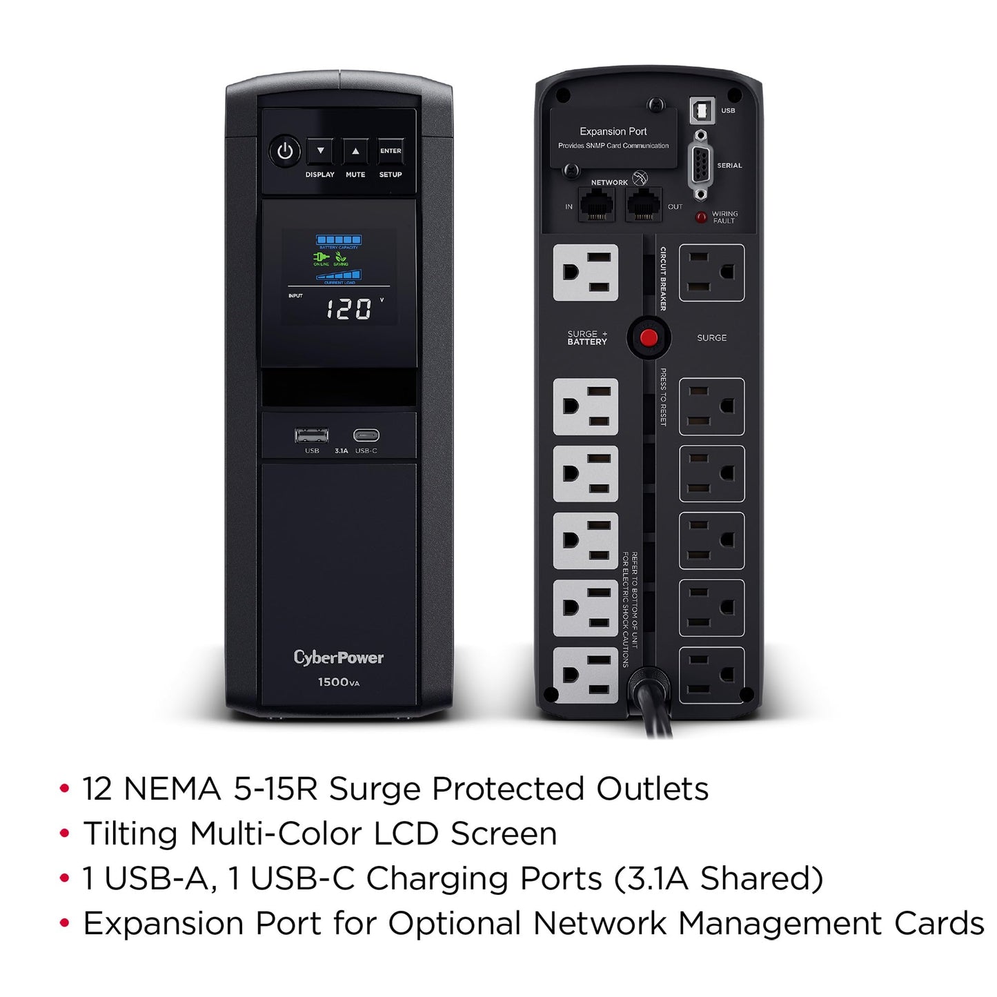 CyberPower CP1500PFCLCD PFC Sinewave UPS Battery Backup and Surge Protector, 1500VA/1000W, 12 Outlets, AVR, Mini Tower, UL Certified