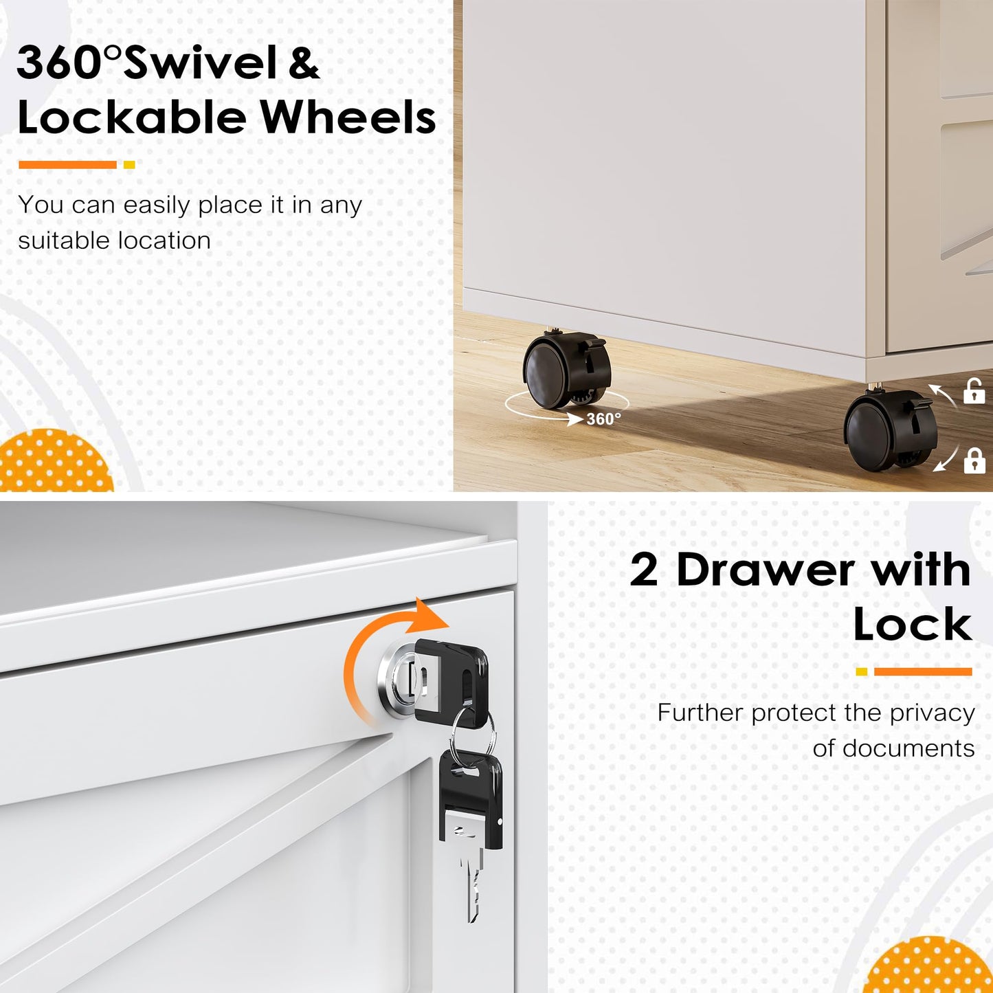 kepptory 2 Drawer File Cabinet with Lock, Rolling File Cabinet for Home Office Fits Files Letter/Legal/F4/A4, Filing Cabinet 2 Drawer with Adjustable Shelf & 2 Lockable Wheels (White + Brown)