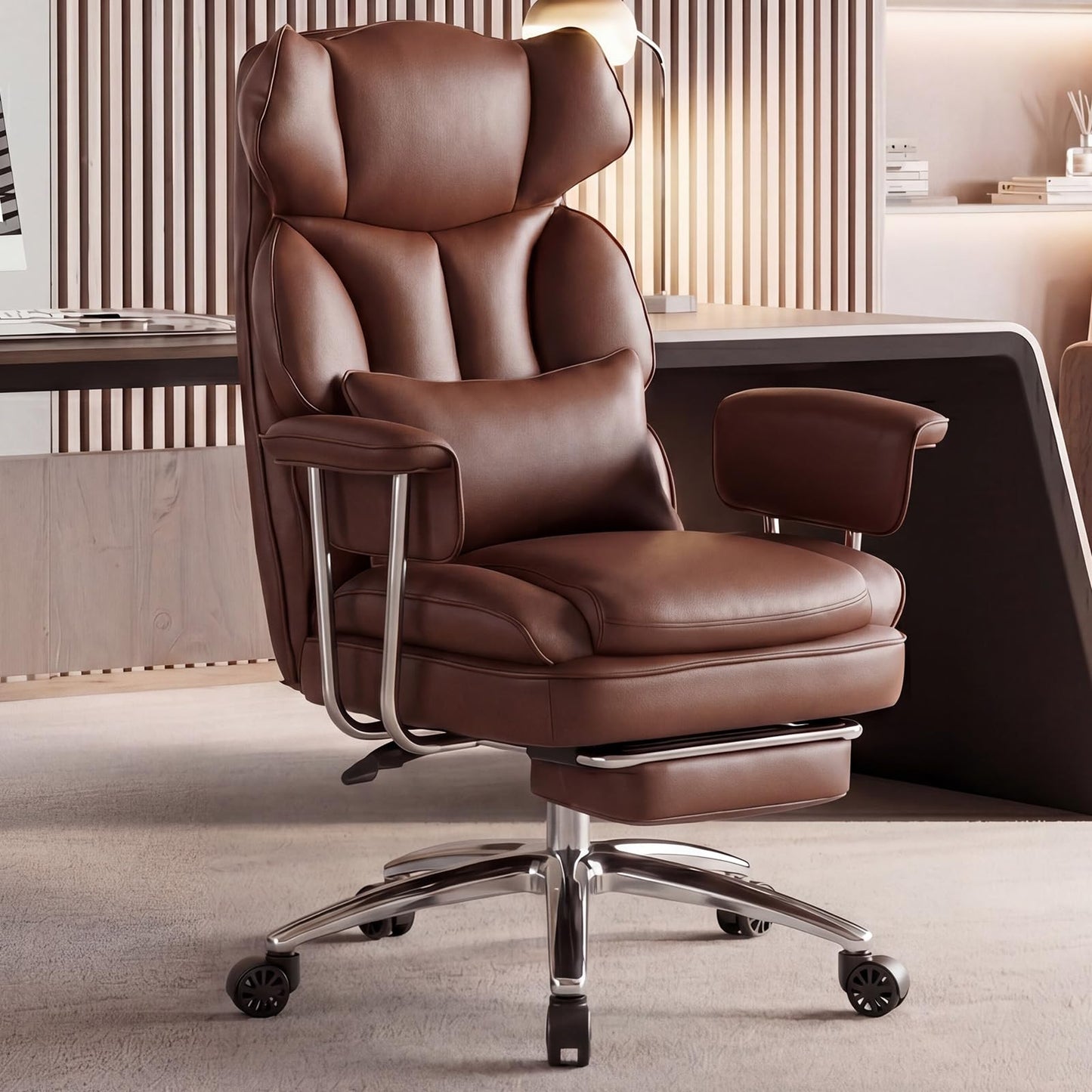 DUMOS Home Office Desk Executive Chair - Ergonomic Big Tall High Back with Footrest & Lumbar Support, Reclining Height Adjustable, Comfy PU Leather Computer Gaming with Swivel Wheels, Brown