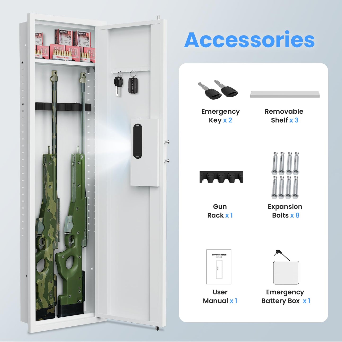 Silkight 53.15" Wall Gun Safe, Digital Wall Safe Between the Studs with Backlit Keypad, Dual Alarm ＆ Mute Mode, Hidden Wall Gun Cabinet for Rifles and Pistols with Adjustable Shelves, Magnetic Support