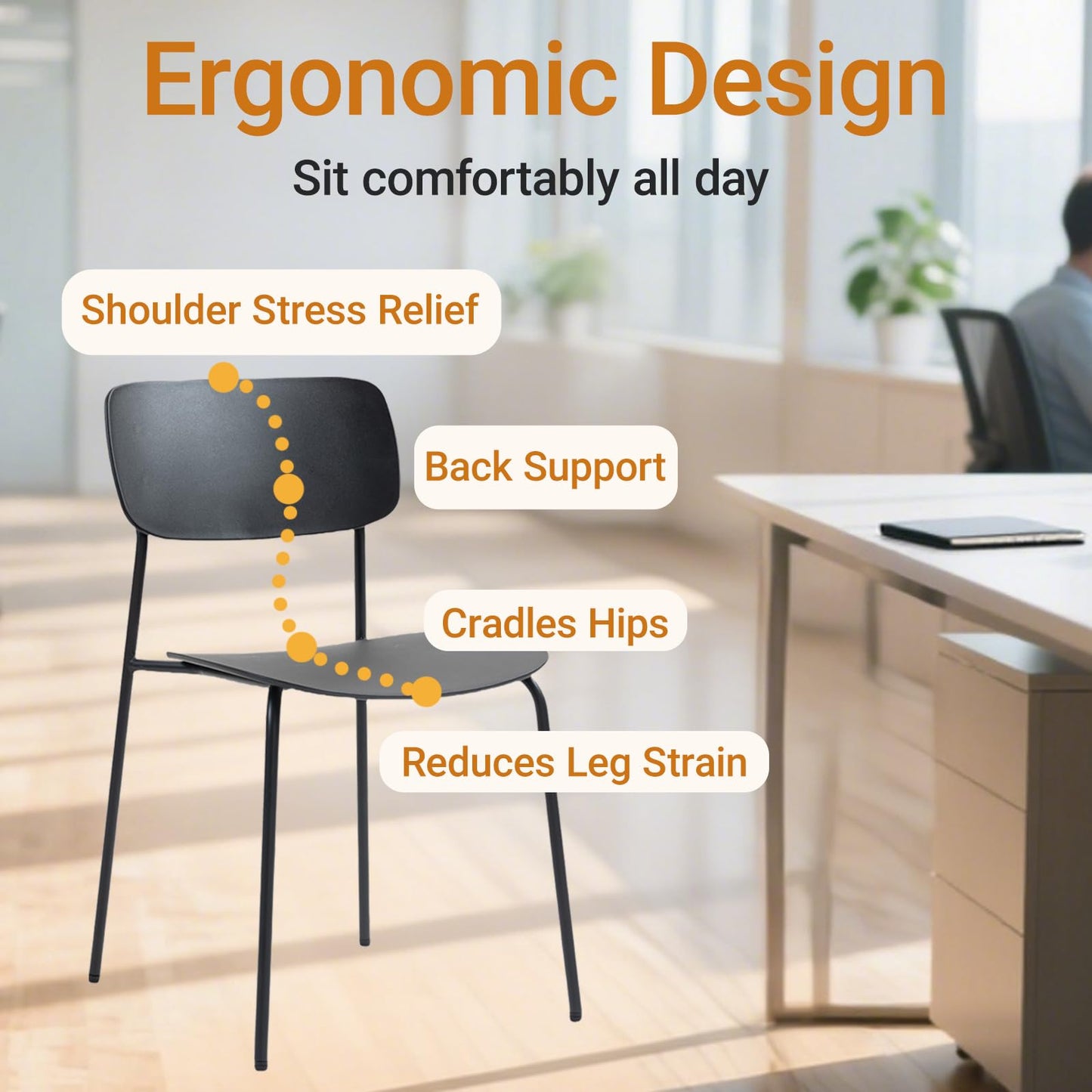 Sidanli Stackable Chairs Set of 4, Waiting Room Chairs with Metal Legs and Ergonomic Plastic Seat, Stacking Office Chairs for Conference Reception Church Banquet, Black