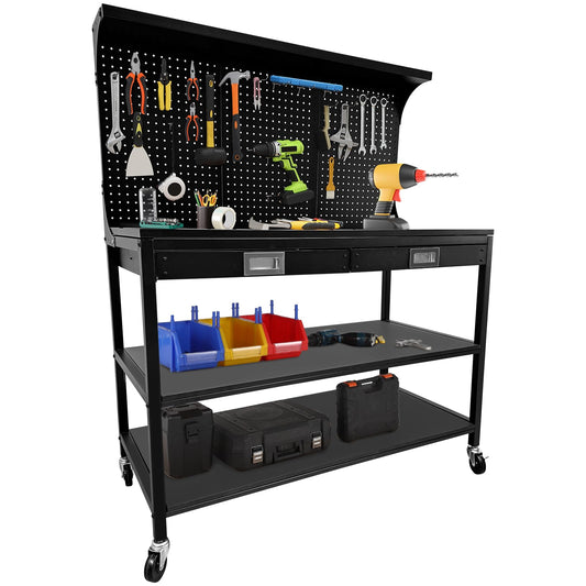 GarveeTech 48 in Workbench, Heavy Duty Metal Steel Tool Work Table, 3 Storage Shelves Work Table for Garage with Pegboard, 2 Drawers and Shelf, Multifunctional Work Bench for Workshop, Home, Office