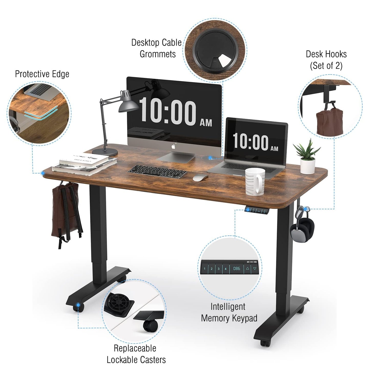 Monomi Electric Standing Desk 48x24 Inches, Height Adjustable Sit Stand Up Desk with Memory Preset, Anti-Collision Ergonomic Computer Desk for Home Office, Vintage Brown