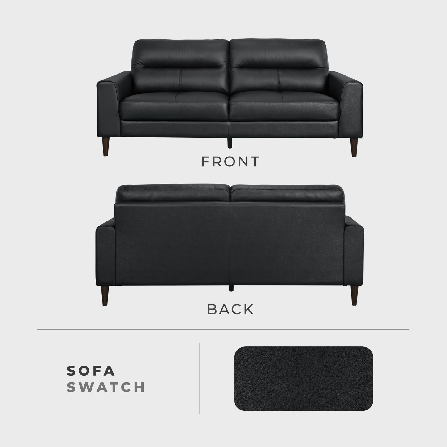 Lexicon Leather Match Couch Sofa, Modern Oversized Sofa, Solid Wood Legs, Top Grain Leather 3 Seater Couch for Living Room, Bedroom, Office, Apartment, Waiting Room, Black