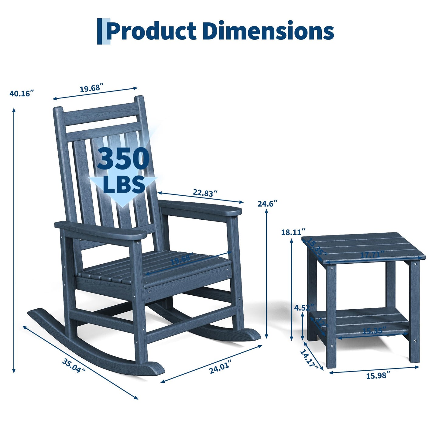 Garvee HDPE Rocking Chair Outdoor Set of 4 with 2 Side Table - Poly High Back Porch Rocker Chairs for Adults - All Weather Resistant Furniture for Patio Front Porch - Navy Blue