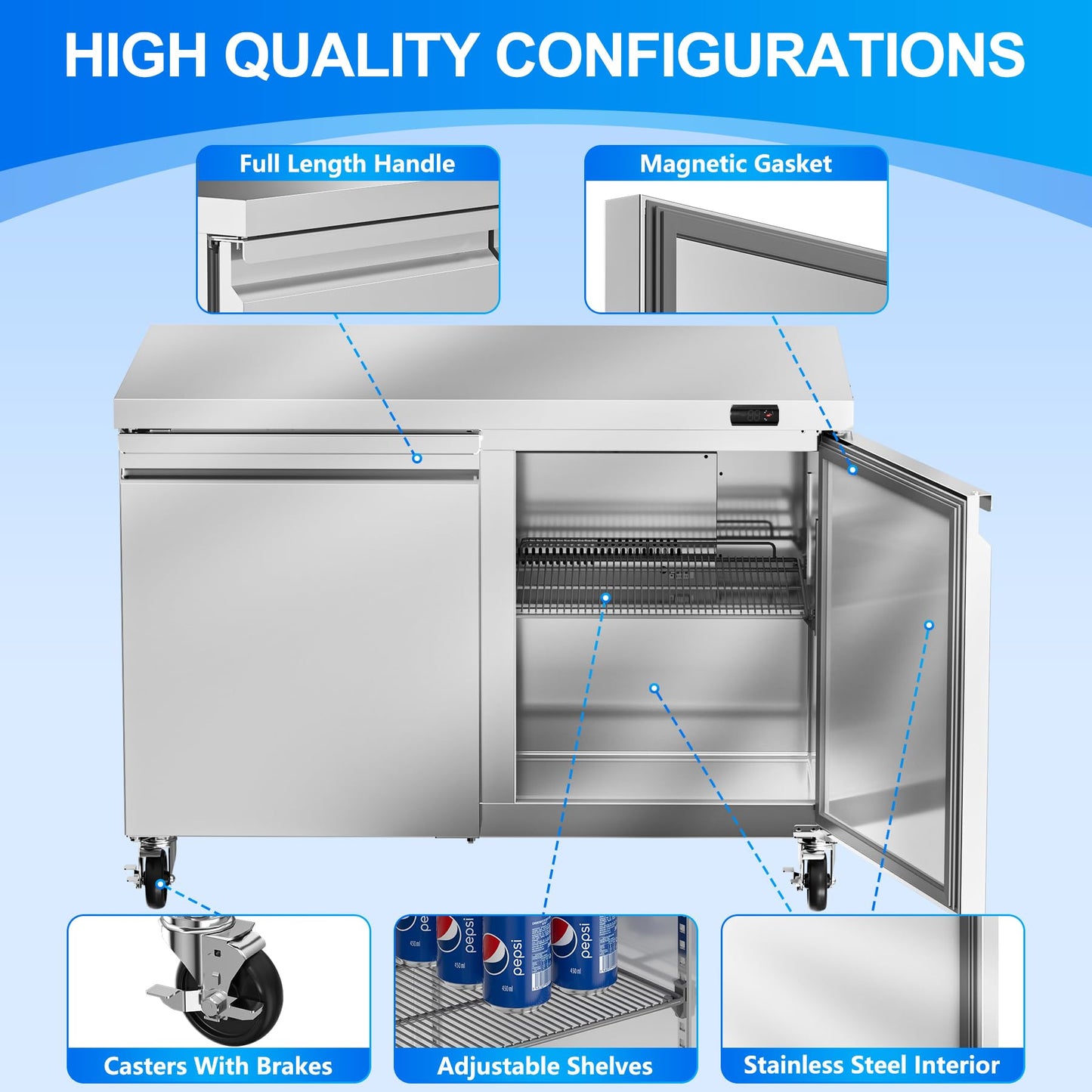 Rockitch 48" W Commercial Undercounter Freezer, 11.1 Cu.ft 2 Door Worktop Under Counter Freezer, Stainless Steel Commercial Kitchen Freezing Equipment for Restaurant, Bar, Shop, etc.