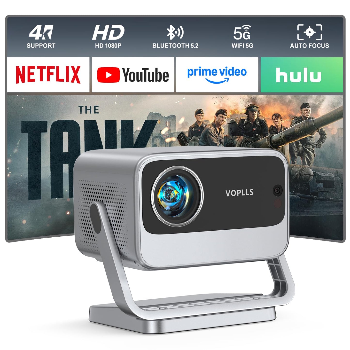 [Now with Netflix & 3000 ANSI] 4K Projector with WiFi and Bluetooth, Auto Focus Keystone & Dolby Audio, Smart Outdoor Projector with Adjustable Stand for Home Bedroom (grey）