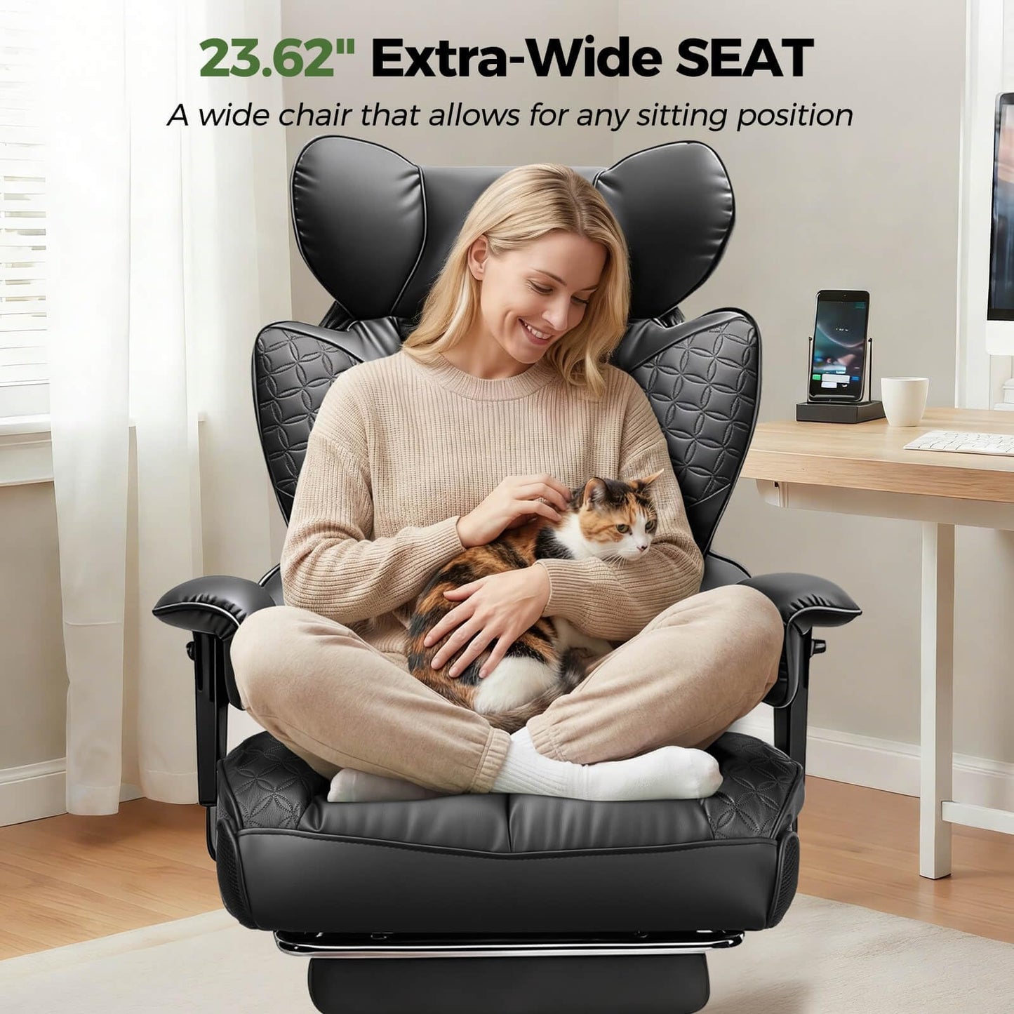 GTPOFFICE Big and Tall Office Chair 400LBS Wide Seat Computer Gaming Chair with Footrest & Comfy Lumbar Support, Leather High Back Executive Chair with Ergonomic Pressure Relief Seat Cushion, Black