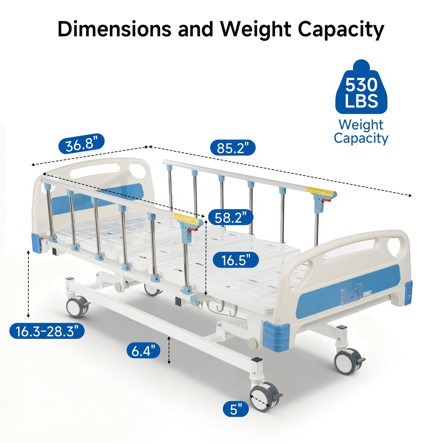 Real Relax Premium 3 Function Full Electric Hospital Bed (with Mattress & IV Pole), Premium Medical Hospital Beds, with Locking Casters, Motor, 530LBS Loading, Includes Sheets (2X)