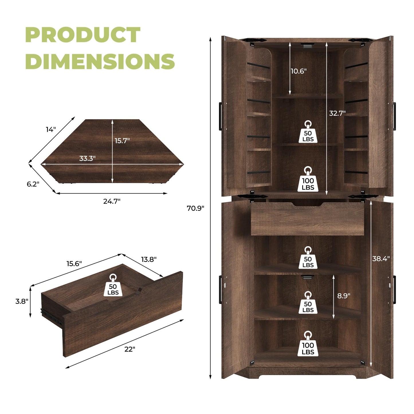 Dripex 71" Brown Farmhouse Corner Pantry Cabinet with LED Light, Tall Storage Cabinet with Doors & Adjustable Shelves, Food Pantry for Kitchen, Living Room, Dining Room