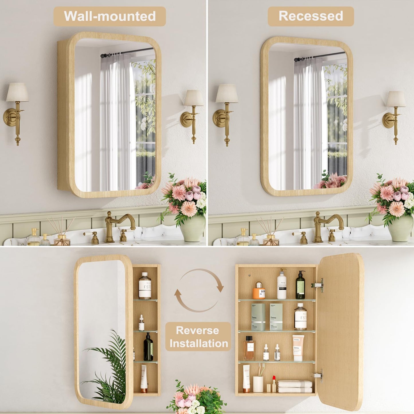 Keazile 20x28 Inch Wood Medicine Cabinet with Mirror, Surface or Recessed Mount Bathroom Mirror Cabinet, Adjustable Glass Shelves, Soft-Close Door, Rounded Corner, Fully Assembled, Oak