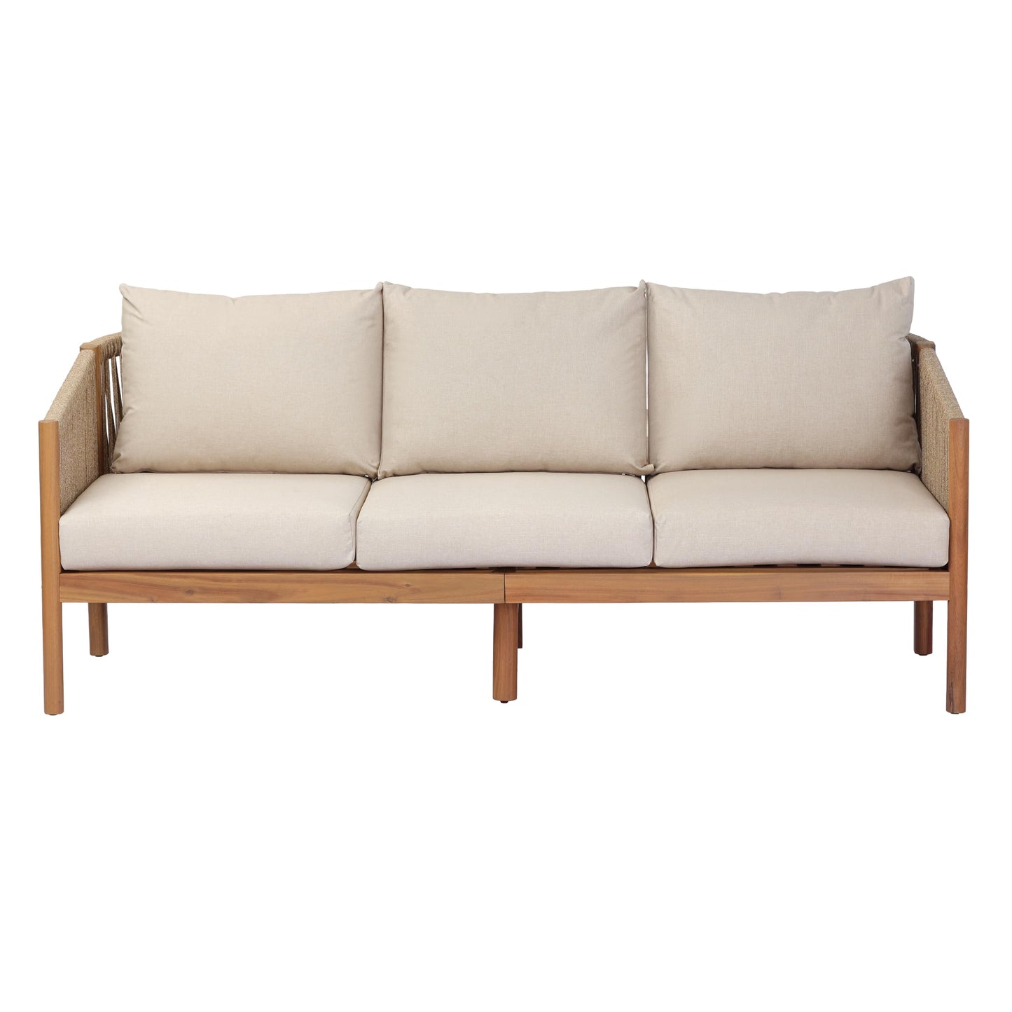 Christopher Knight Home Bubi 5-Seater Patio Furniture Set with Cushion, 4 Piece Outdoor Acacia Wood Conversation Set, Solid Wood Outdoor Sectional Sofa Set with Coffee Table, Teak+Beige