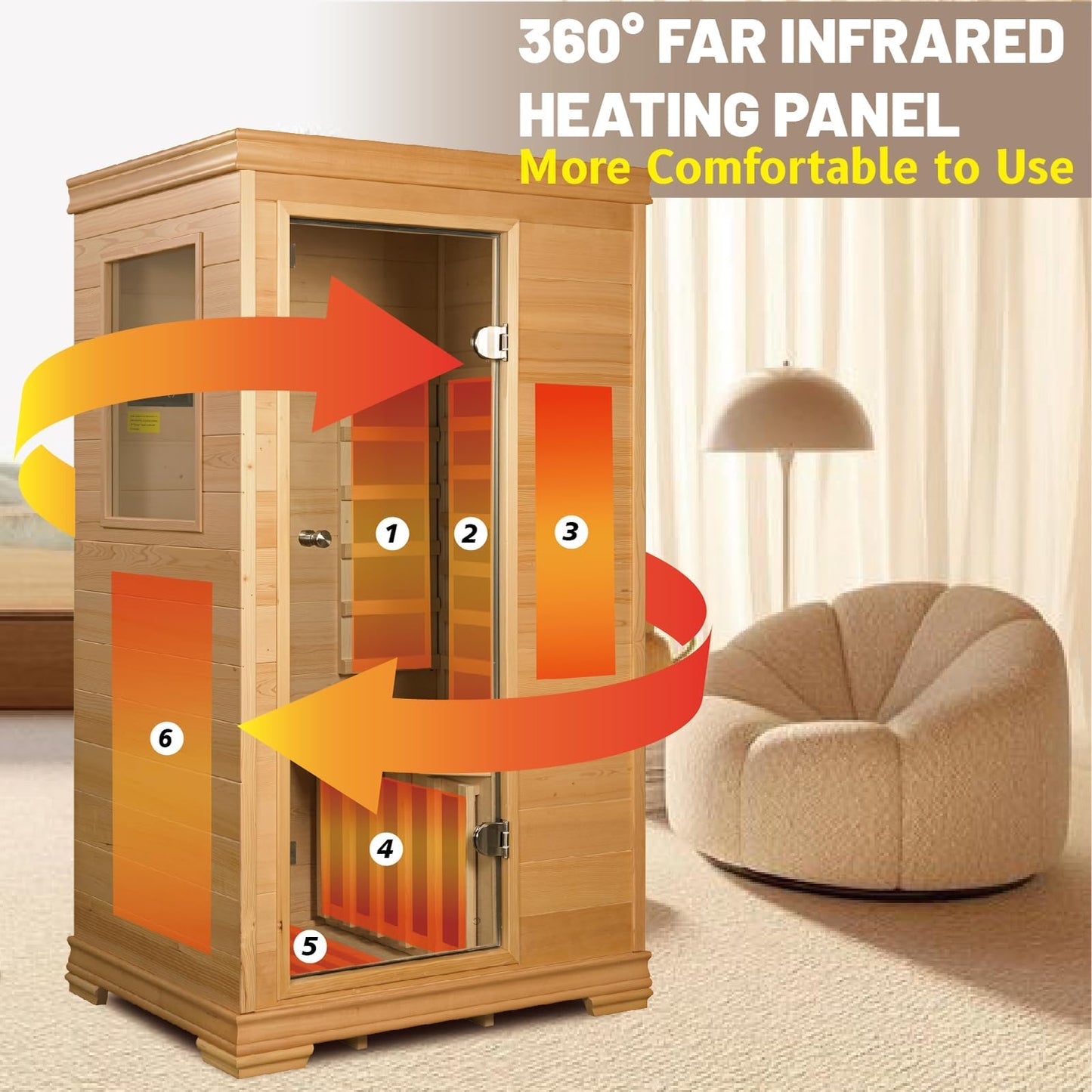 Royal Saunas Hongyuan 1 Person Infrared Sauna Room Indoor, 960W Home Sauna, Canadian Hemlock Wood, Low EMF Heating, BT Audio, LED Reading Light, Compact Spa 35"x27"x61"