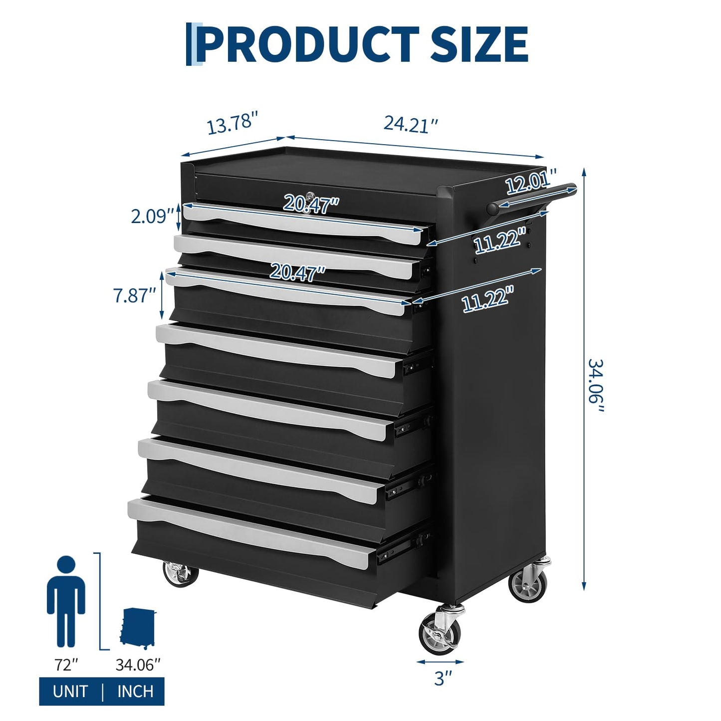 7-Drawer Tool Chest, Rolling Tool Cart with Wheels, Large Capacity Tool Storage Cabinet with Keyed Locking,Drawer Liners&Link Buckle, for Garage, Workshop, Warehouse,24.21"L * 13.78"W * 34.06"H Black