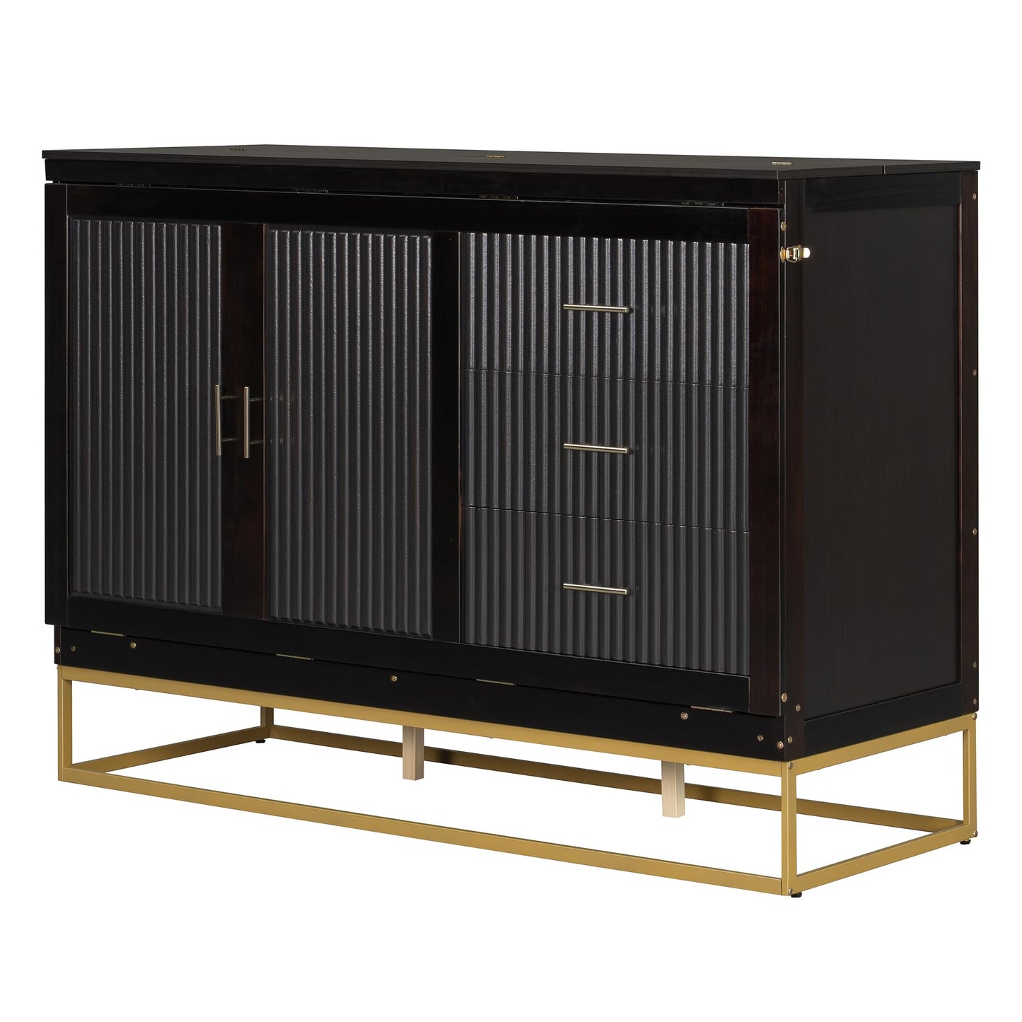 Merax Queen Size Murphy Cabinet Bed, Wood Folding Bed Frame with Wood Doors and Fake Drawers Design, Space-Saving Wall Bed for Guest Room and Home Office