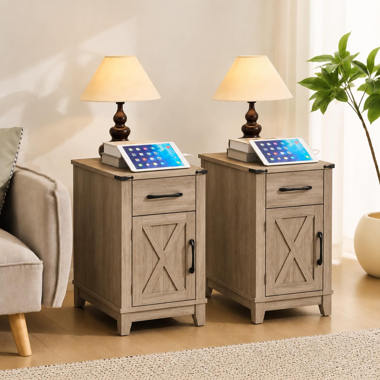EROMMY Farmhouse End Table with Charging Station Set of 2, Narrow Side Table for Living Room, Nightstand with Drawer and Storage Cabinet, Adjustable Shelf, Gray