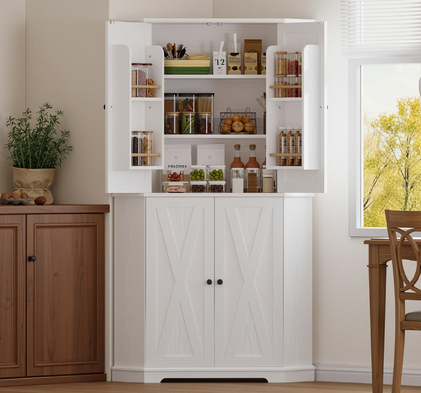 IRONCK Corner Cabinet, 72" H Kitchen Pantry Storage Cabinet, 4 Barn Doors with Storage Rack, 4 Adjustable Shelves, 6-Tier Tall Food Pantry Cabinet, Farmhouse Hutch for Kitchen Dining Room, White