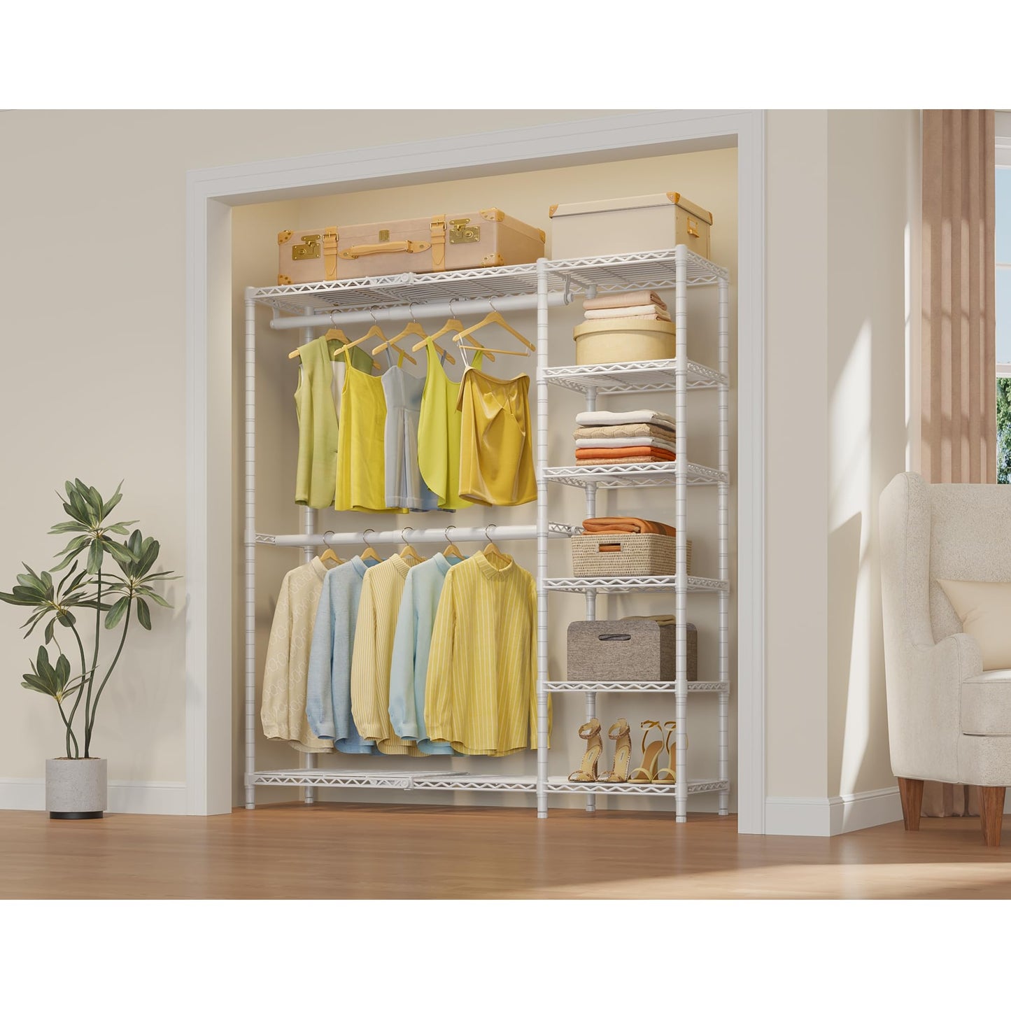 VIPEK X2 Expandable Reach-in Closet Racks Adjustable from 3'3" to 4'8" Portable Open Walk-in Closet Rack System with Flexible Shelves and Hanger Rods Clothing Rack for Hanging Clothes, White