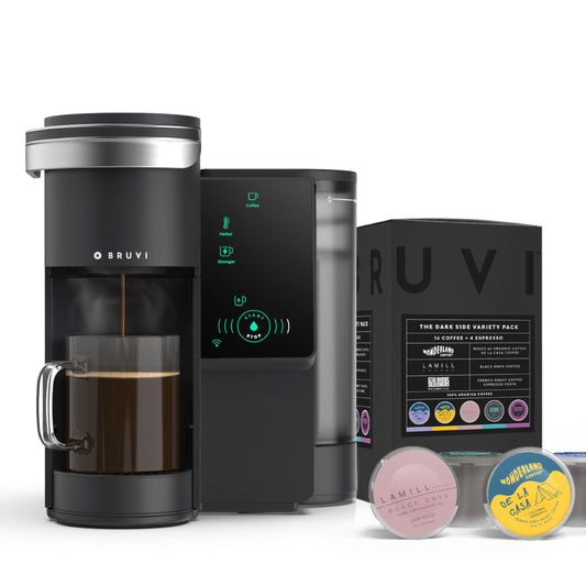 BRUVI Single-Serve Coffee Maker Bundle | Brews Coffee, Espresso, Cold Brew, Matcha Green Tea & More | Includes Brewer + 20 Dark Roast Pods | Touchscreen, WiFi, 70 oz Tank | Black