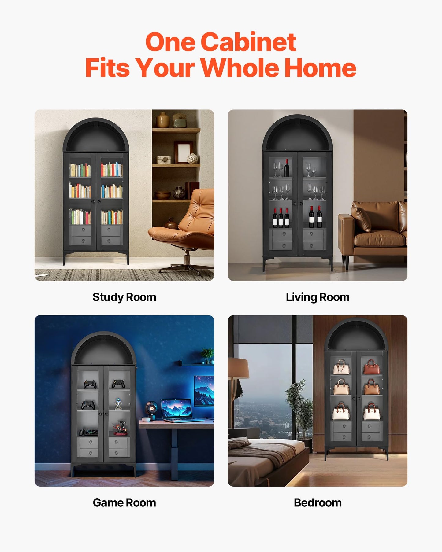 VEVOR Arched Kitchen Pantry Cabinet with Glass Doors, 70in Tall Curio Cabinet, 4-Tier Display Case with 2 Adjustable Shelves, Bookcase Bookshelf for Collectibles Storage Living Room Office