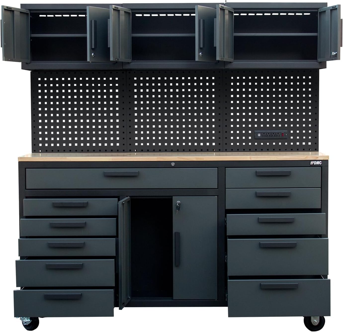 Tsnritor 72in Rolling Tool Chest Cabinet Mobile Garage Workbench Heavy-Duty Tool Cabinet on Wheels with 11 Drawers, 2-Door Cabinet, 3 Top Cabinet, Pegboard & Power Strip for Tool Organization