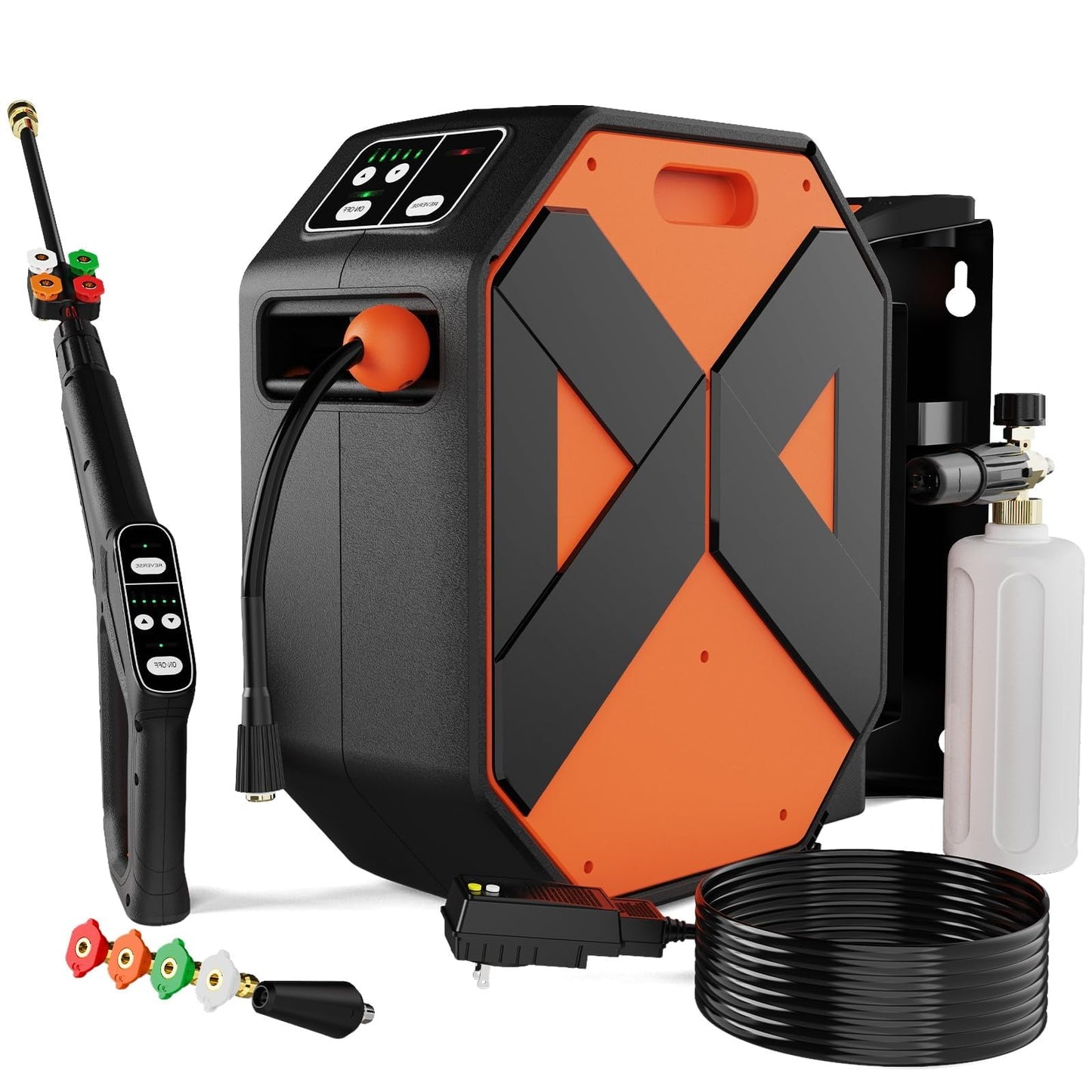 DGIVOVO GFCI Wall Mounted 5000PSIMAX PowerWasher with 100FT Retractable Hose, 5-Stage Adjustable Press, Foam Cannon & 5 Nozzles for Car, Lane, Patio Cleaning