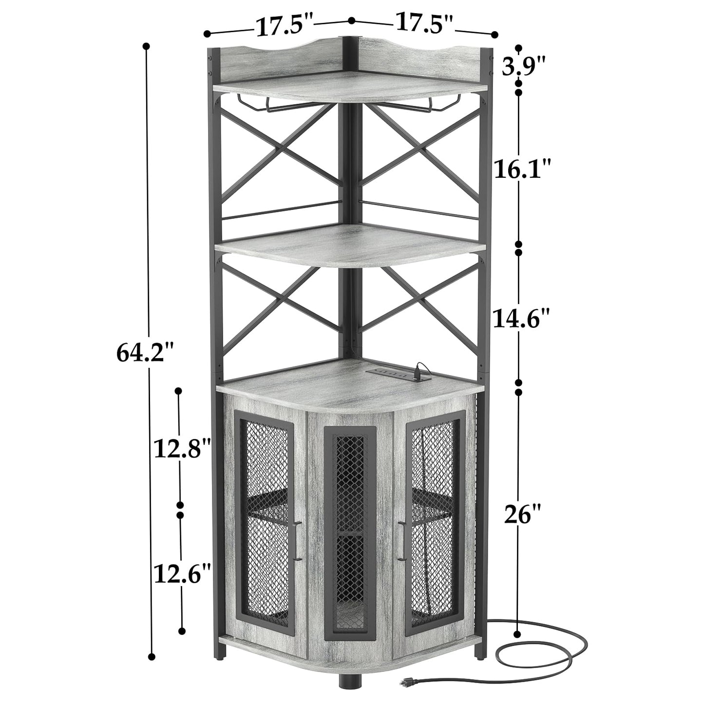 Aheaplus Corner Bar Cabinet with Power Outlet, Industrial Wine Cabinet with LED Strip and Glass Holder, 5-Tiers Liquor Cabinet Bar Unit for Home, Corner Display Cabinet for Small Space, White Oak
