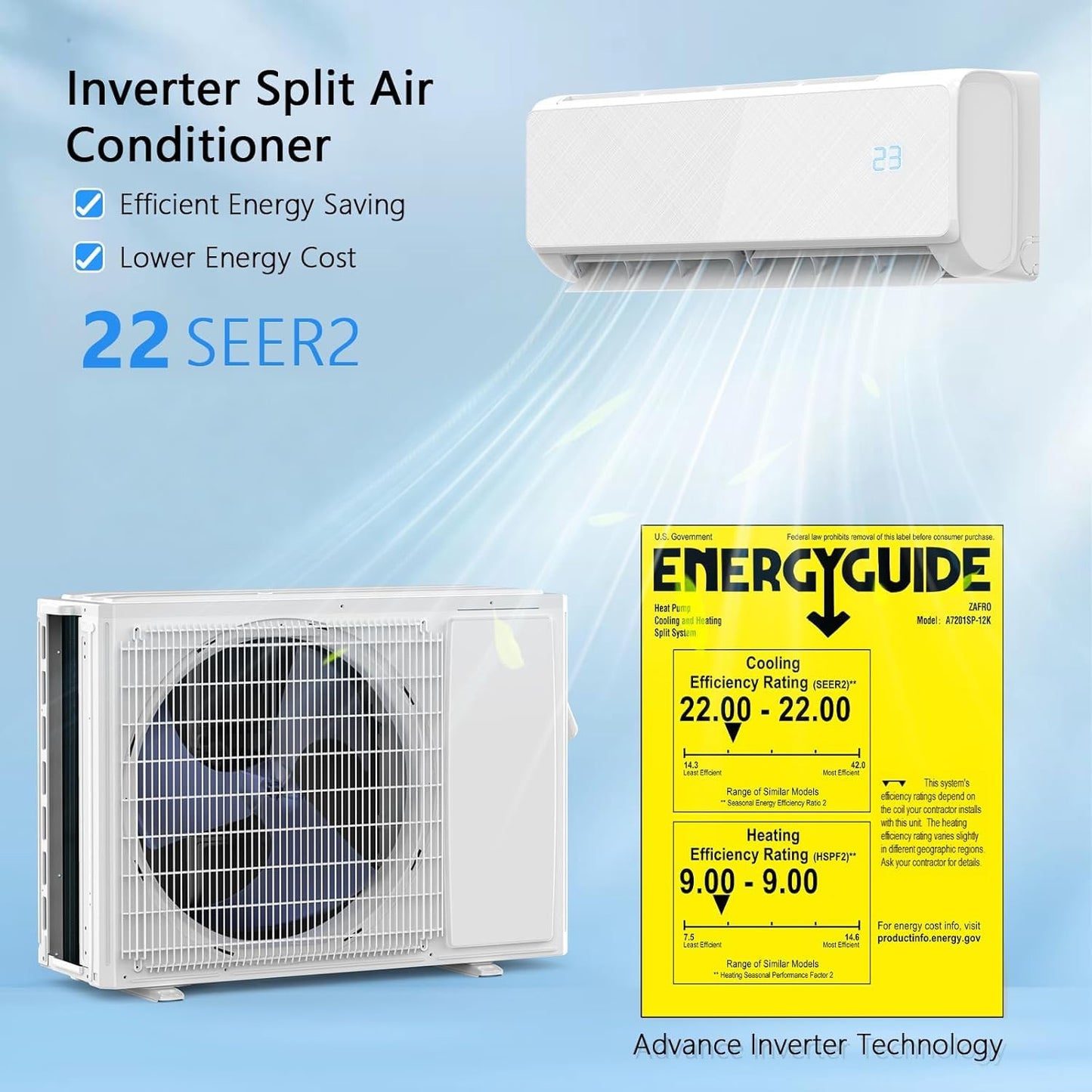 12000 BTU Mini Split Air Conditioner, 22 SEER2 Energy-Efficient Ductless Inverter Heat Pump, Cools Up to 750 Sq.Ft, Ultra-Quiet, WiFi & Alexa Smart Control, Installation Kit, 115V,White