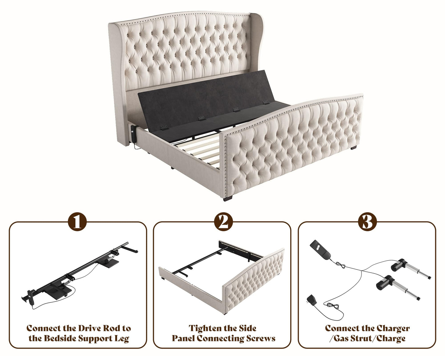 AMERLIFE King Size Adjustable Bed Frame with 51" H Velvet Upholstered and Deep Button Tufted Headboard, Electric Bed with Dual Motor/Nailhead Trim Wingback, No Box Spring Needed, Cream
