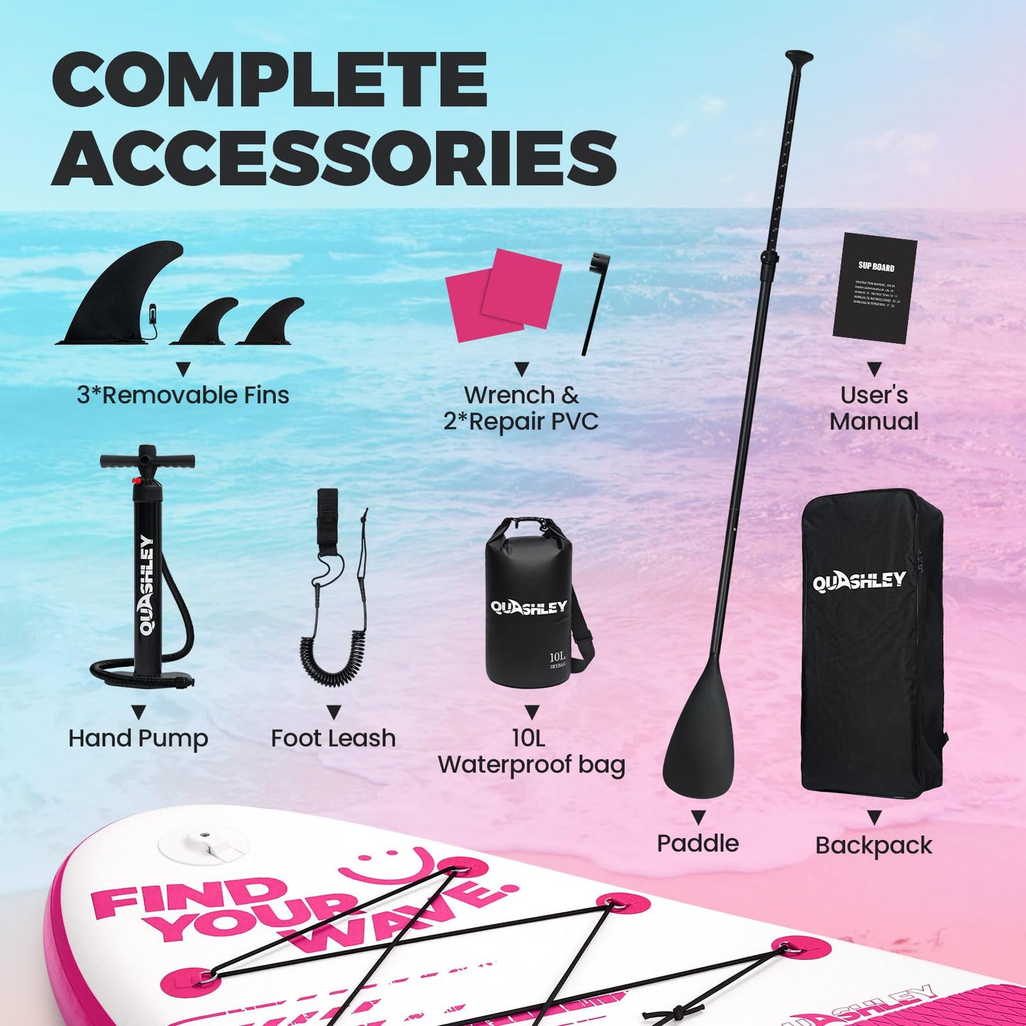 Quashley All-in-One Inflatable Stand Up Paddle Board: SUP with Paddle, Pump, 10L Waterproof Bag - 10.5'*32" Portable & Tough for Outdoor Adventures