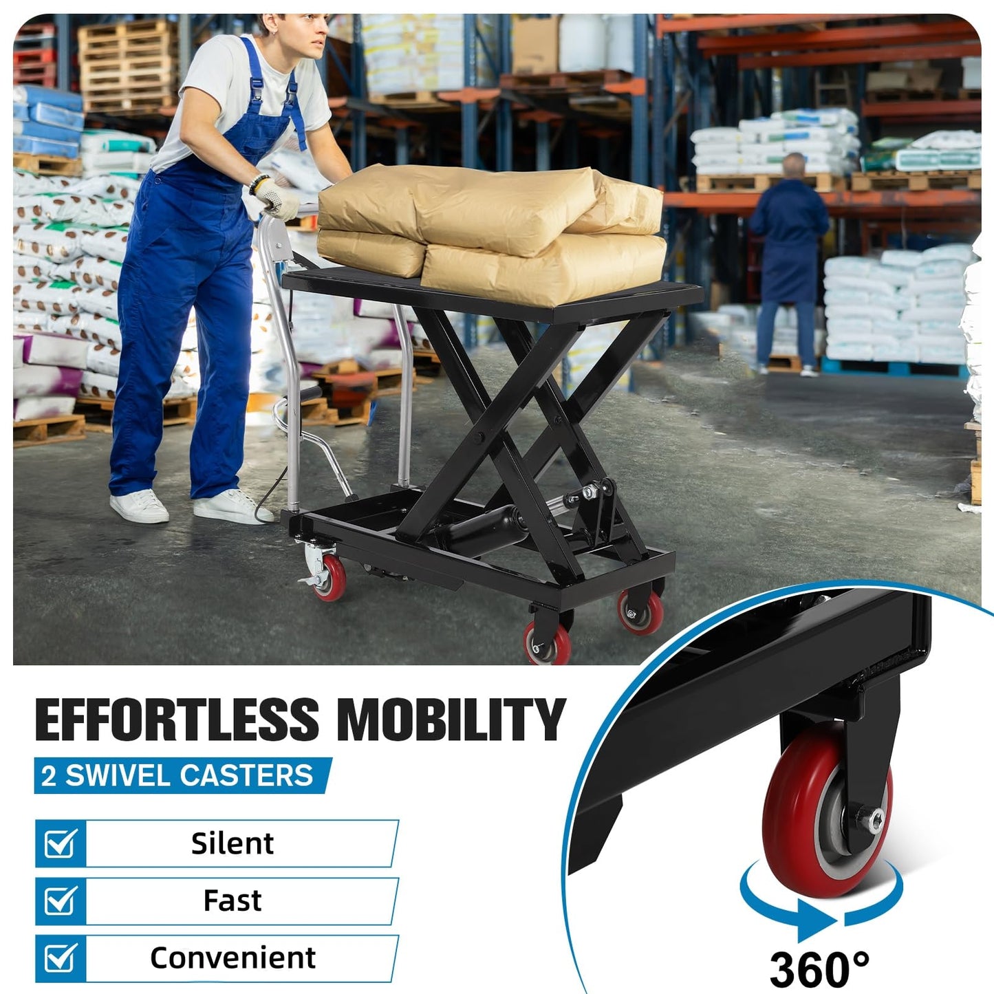Garvee Hydraulic Lift Table Cart, 1100 LBS Capacity 32" Lifting Height Single Scissor Lift Table with 4 Wheels & Non-Slip Pad, for Material Handling and Transportation, Black