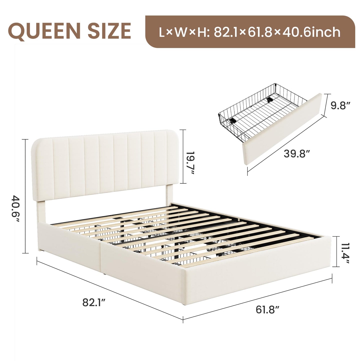GarveeHome Queen Size Bed Frame, Velvet Upholstered Storage Bed with 4 Drawers, Adjustable Headboard, Modern Bedroom Furniture, Beige
