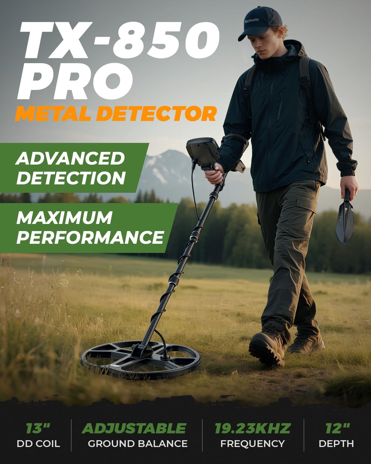 Hazlewolke TX-850 PRO Metal Detector for Adults Professional – High Frequency 19.23kHz Gold Detector with Manual & Auto Ground Balance, 13" Waterproof Double-D Coil, LCD Display, Pinpoint Mode