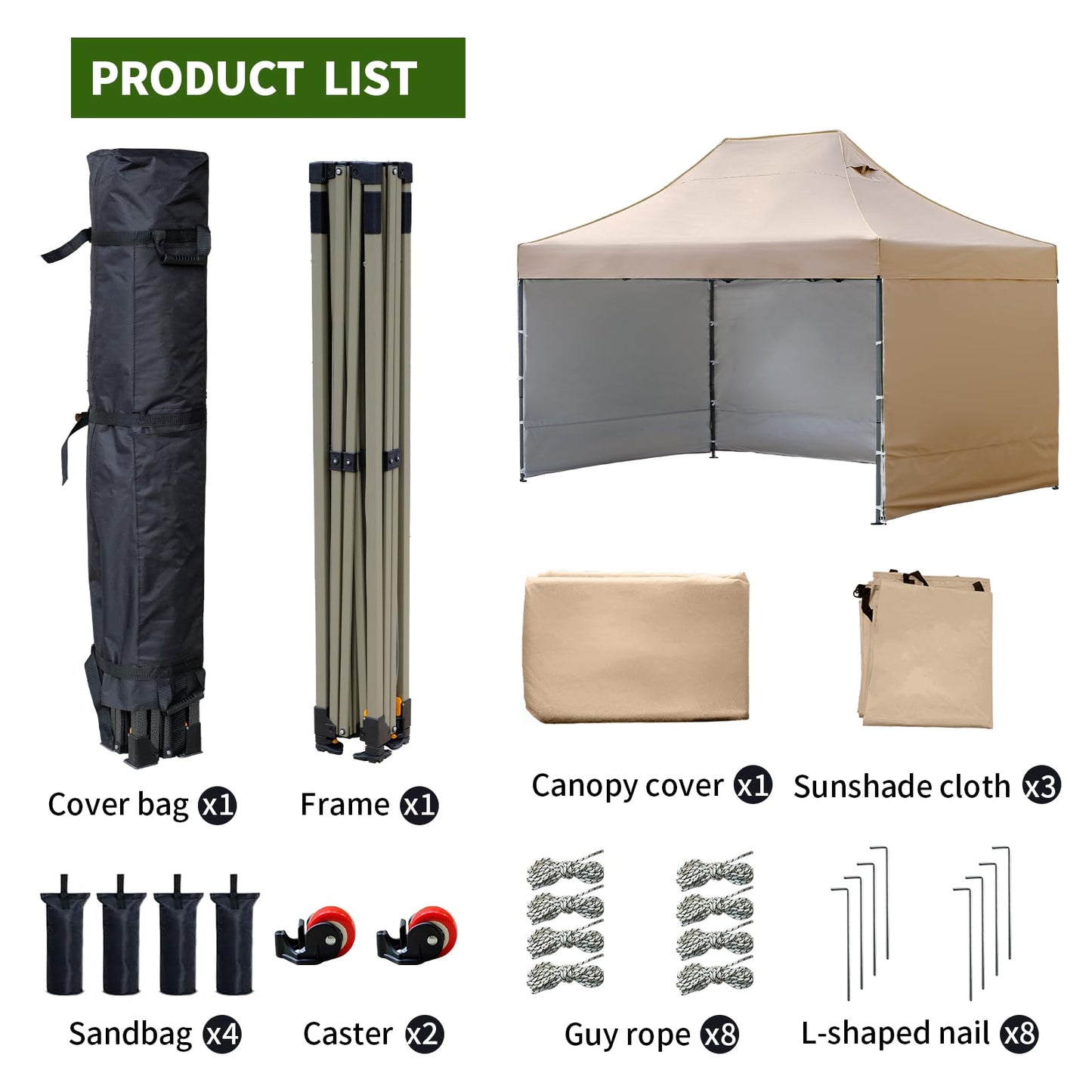 10x15 Heavy Duty Pop Up Canopy Tent, Outdoor Commercial Easy Up Canopy Outdoor Party Tents with 3 Removable sidewalls and Wheeled Bag for Events, Parties, Weddings(Khaki)