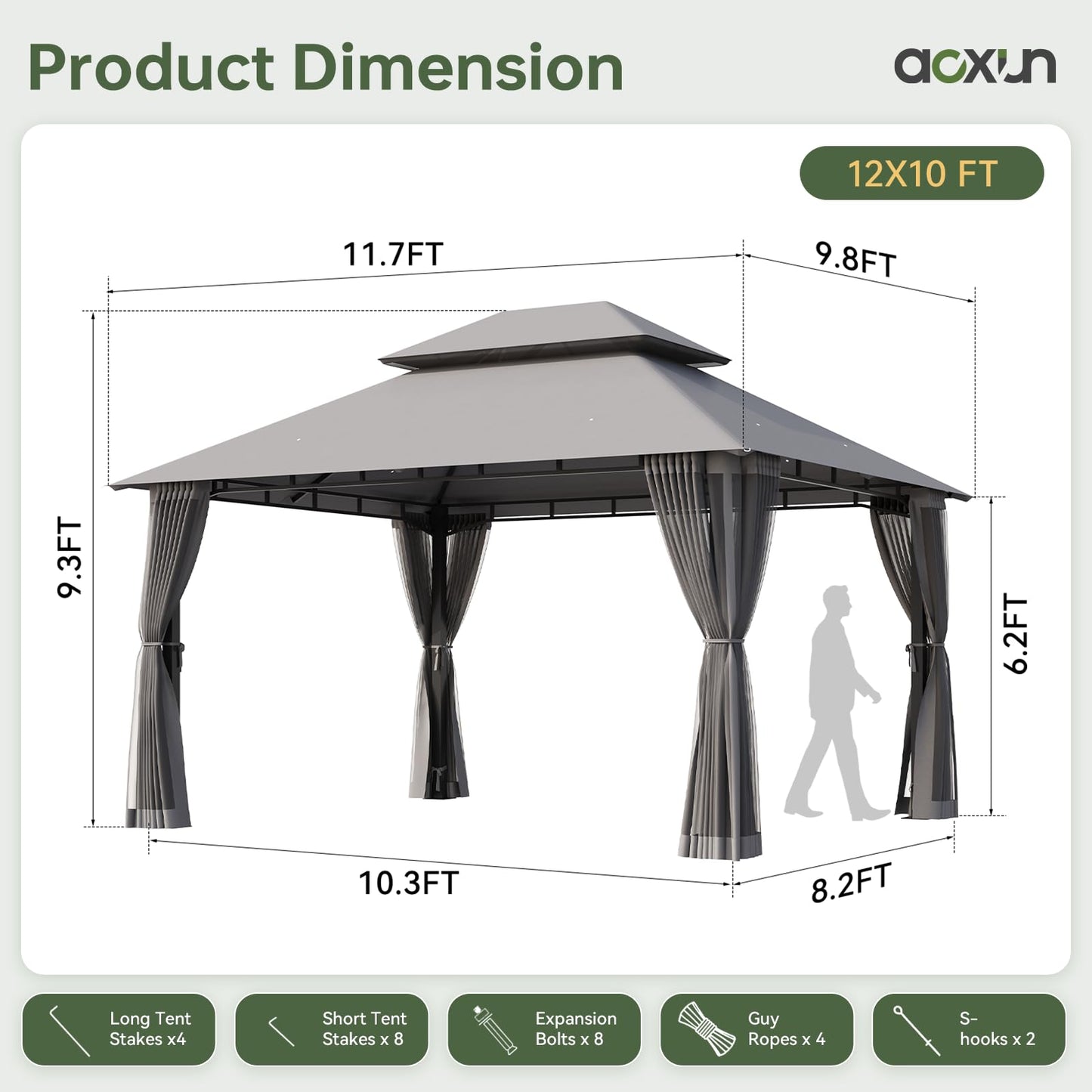 Aoxun 12x10 Gazebo with Double Roof & Mosquito Netting Outdoor Heavy-Duty Party Tent, Patio Tent with Zipper Screens - Backyard Garden Lawn Shelter Includes Wind Ropes Expansion Bolts, Gray