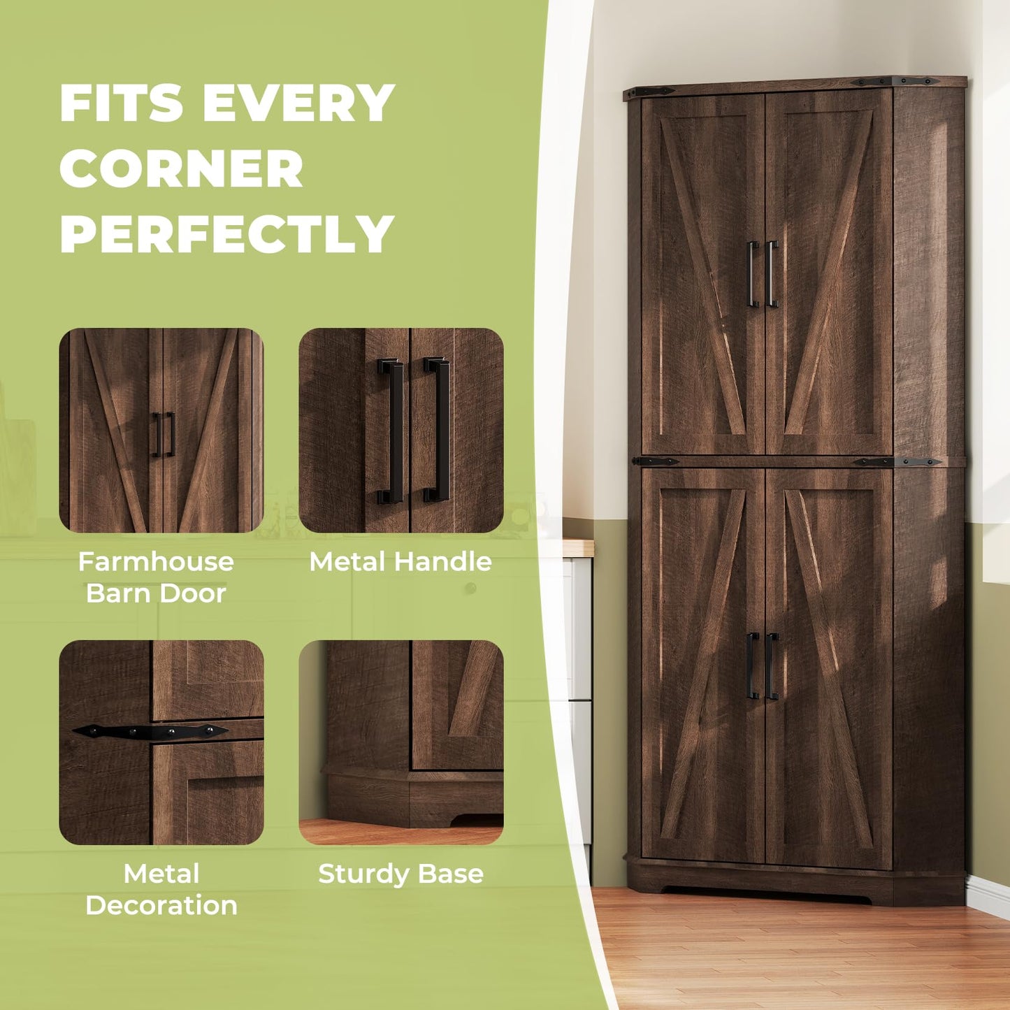 Dripex 71" Brown Farmhouse Corner Pantry Cabinet with LED Light, Tall Storage Cabinet with Doors & Adjustable Shelves, Food Pantry for Kitchen, Living Room, Dining Room