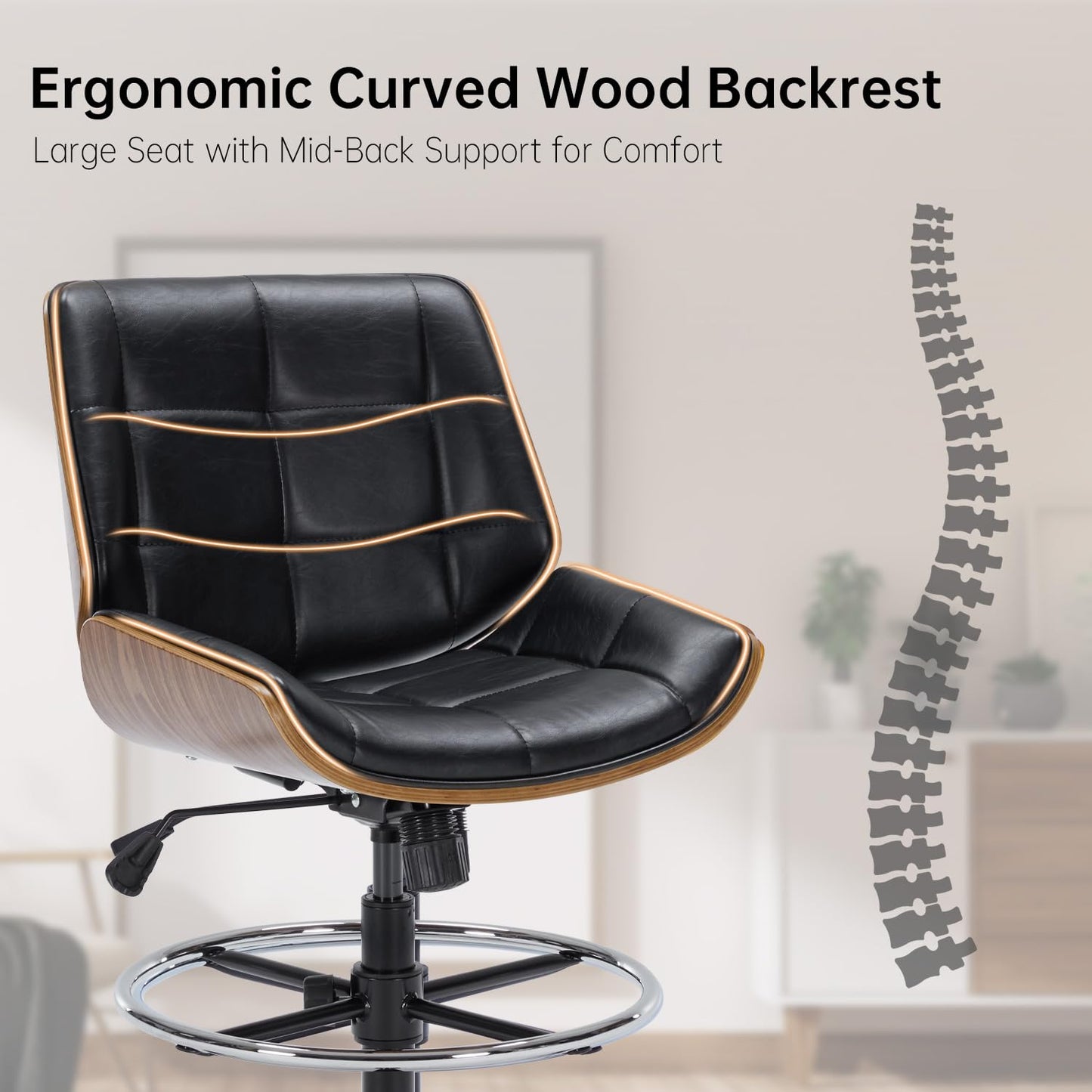 Drafting Office Chair Ergonomic Executive Computer Standing Desk Chair with Adjustable Height and Footrest Ring, Drafting Chair for Counter Height Desk and Drawing (Black)
