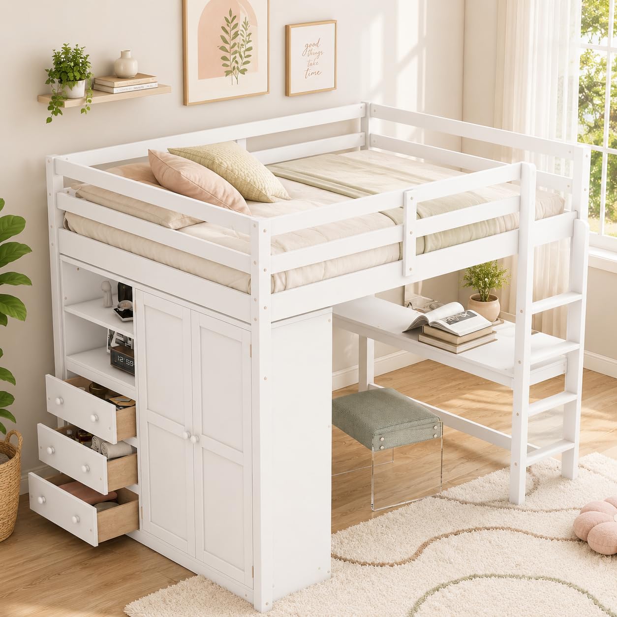 Merax Full Size Wood Loft Bed with Built-in Wardrobe, Large Desk, 2-Tier Storage Shelves & 3 Drawers, Solid Pine Wood Frame, 350 lbs Capacity, No Box Spring Needed for Bedroom, White