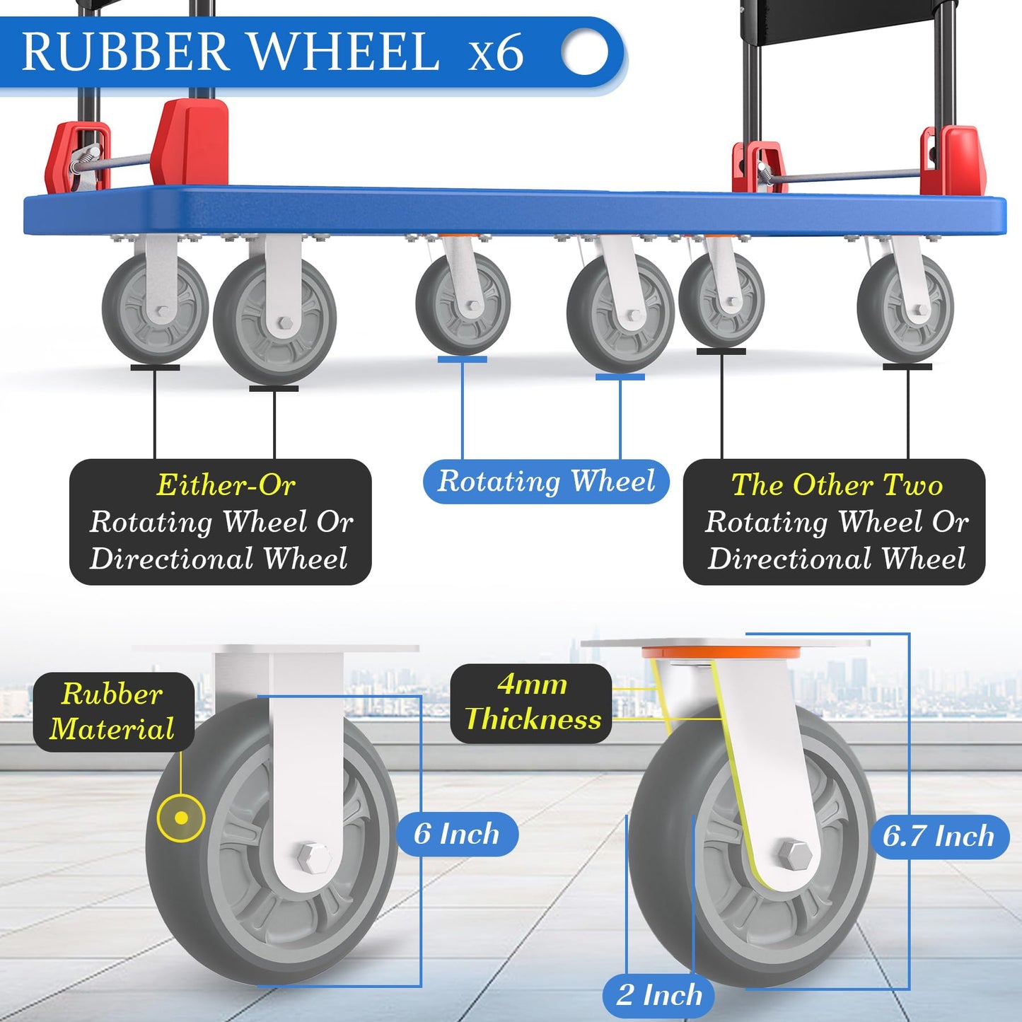 2200 lb Heavy Duty Platform Truck with Dual Handrails & 6 Rubber Wheels