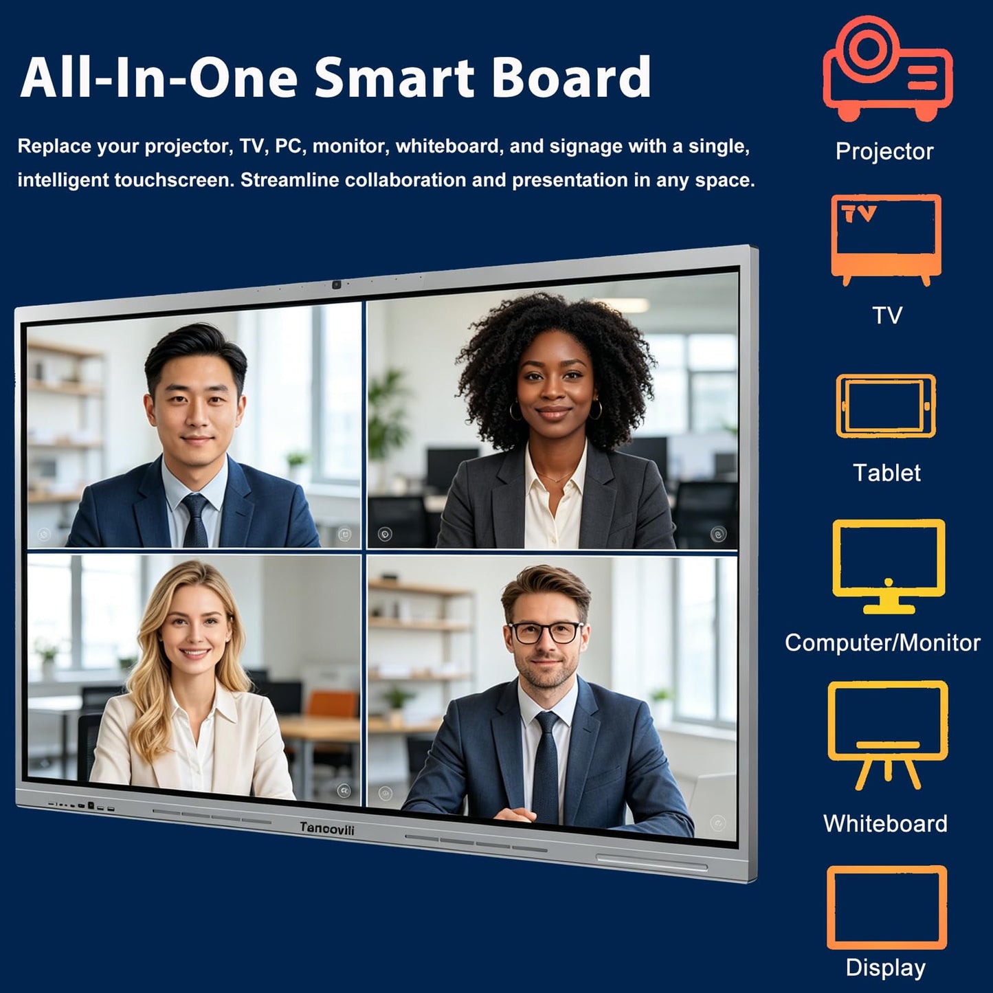 Tancovili 65" Touchscreen AI Smart Board, Google EDLA Certified Electronic Whiteboard 4K UHD Display Interactive Whiteboard for Office Classroom, Android 14, 8GB+128GB, Wireless Casting,Grey