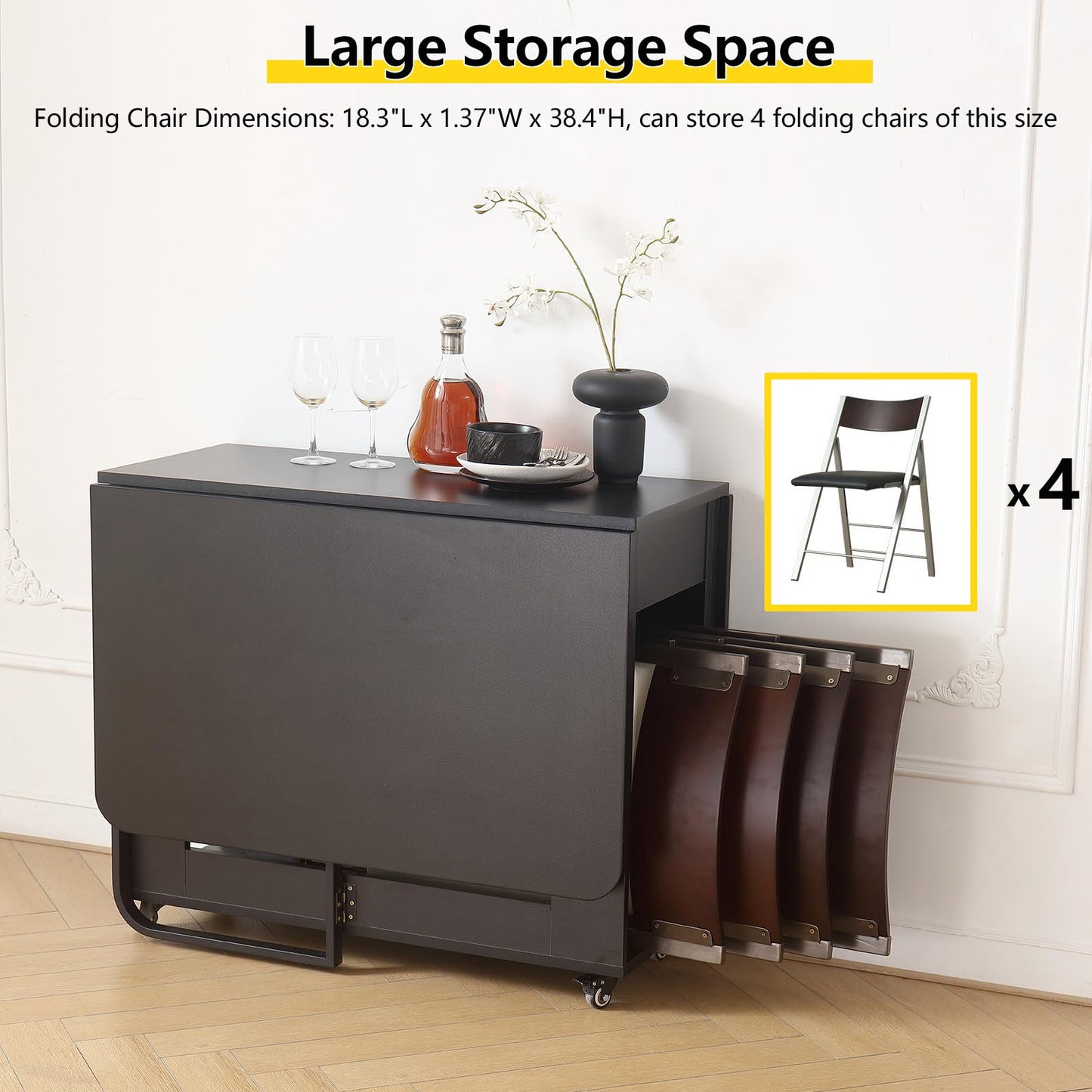 VASTATIO Folding Dining Room Table with Two Drawers for 4/6 with Space Saving Drop Leaf Table,Lockable Wheels & Storage, Heavy Duty Plywood Top 300lb, Convertible Desk for Apartments/RV/Home Office
