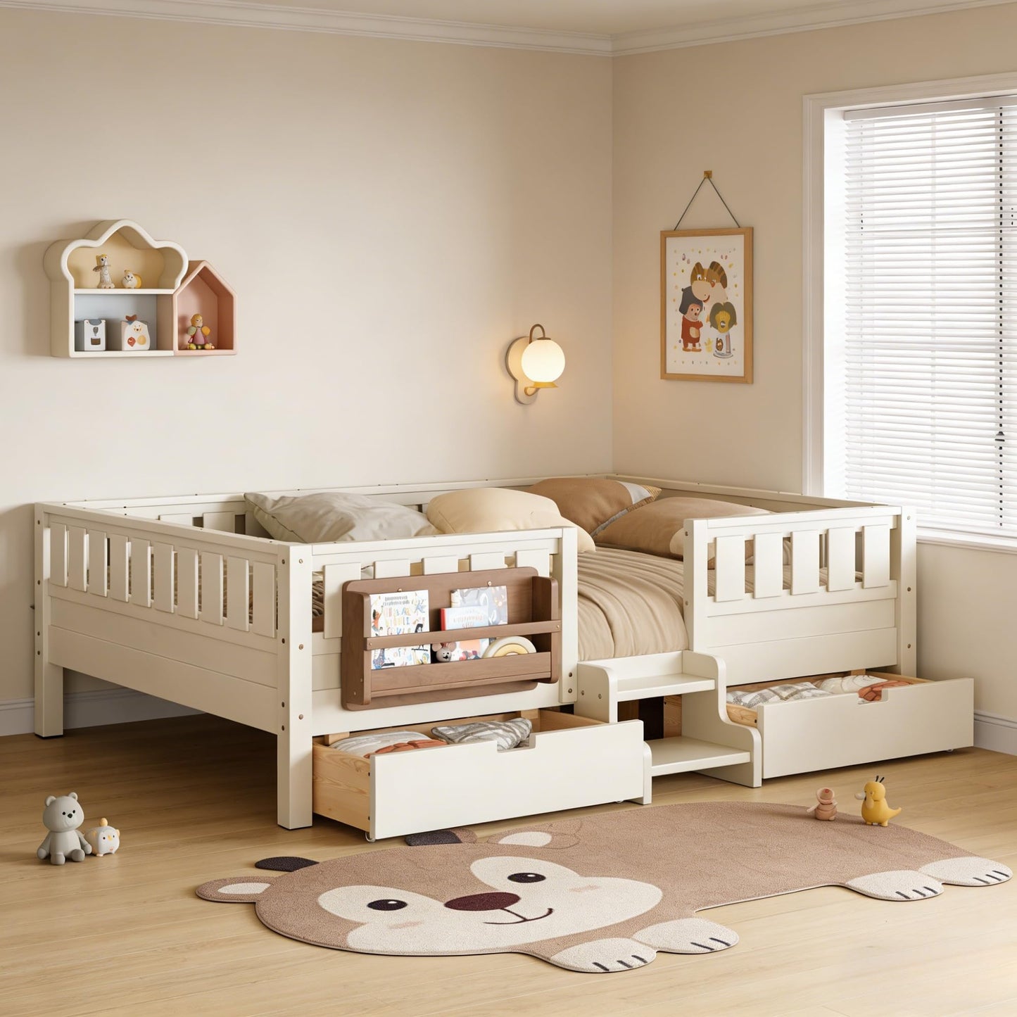 Queen Platform Bed with Storage Drawers and Bookshelves, Kids Platform Bed Frame with Low-profile Stairs and Full-length Guardrails, Queen Bed Frame for Boys, Girls, No Box Spring Needed, Beige