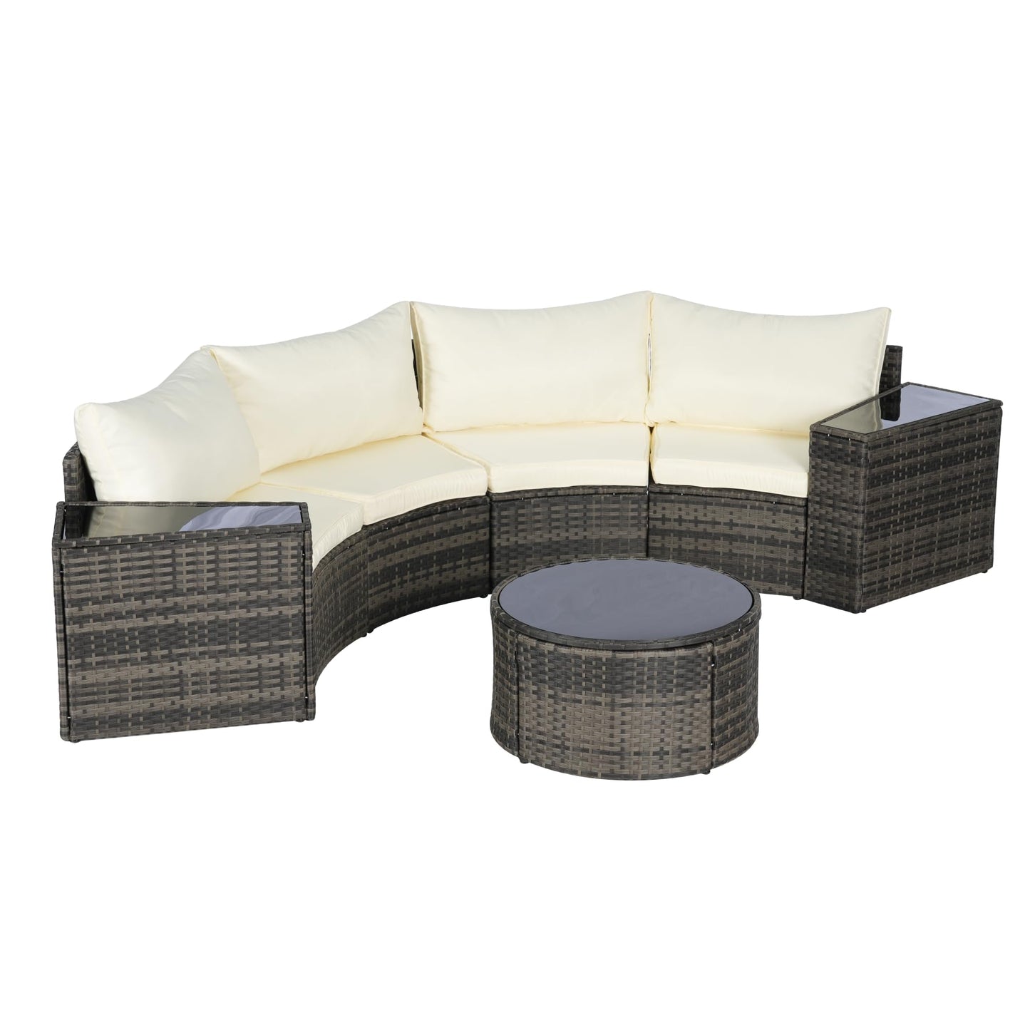 KEIKI Outdoor Patio Furniture 7-Piece Half-Moon Curved Sectional Sofa Set, All-Weather Wicker Patio Conversation Set with Round Coffee Table and 2 Storage Armrests for Poolside Backyard, Beige