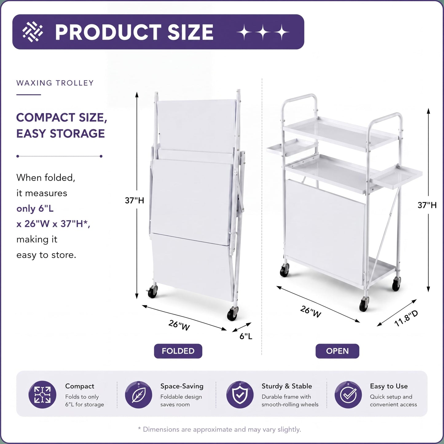 DaisyInner Foldable Waxing Cart Trolley with Wheels, 3-Tier Esthetician Rolling Wax Cart with Pull-Out Tray & Trash Bin, Wax Warmer Storage Station for Salon Spa Massage, White, 12" L x 26" W x 37" H