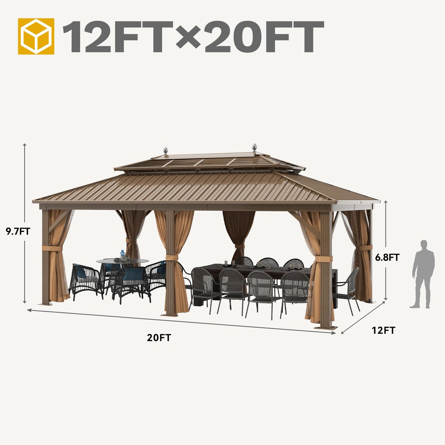 DWVO 12x20 ft Hardtop Gazebo with Nettings and Curtains, Outdoor Heavy Duty Aluminum Gazebo Combined of Horizontal and Vertical Stripes Roof for Patio, Backyard, Deck, Lawns and Balcony (Bronze)