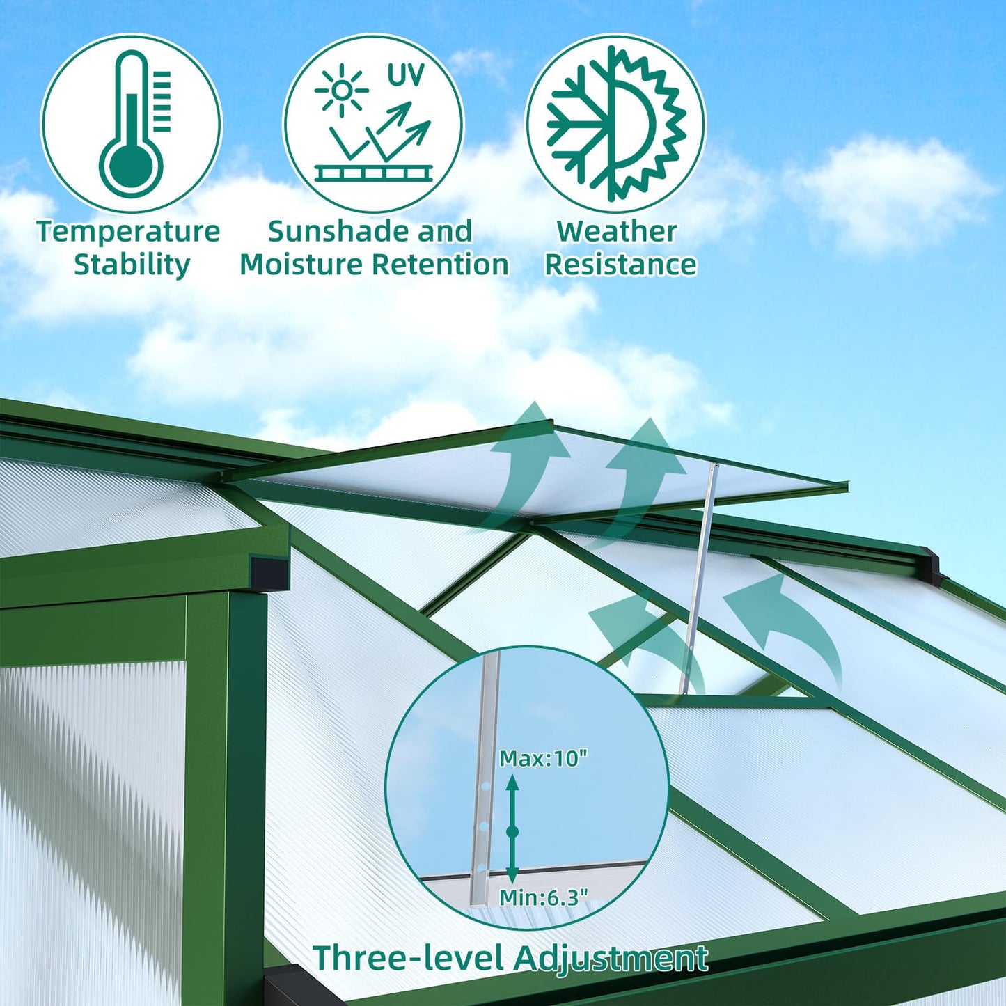 6x8 FT Greenhouse, Polycarbonate Walk-in Greenhouse for Outdoors with Roof Vent & Lockable Smooth-Gliding Sliding Door, Heavy-Duty Aluminum Green House for Garden, Backyard, Patio, Lawn, Deep Green