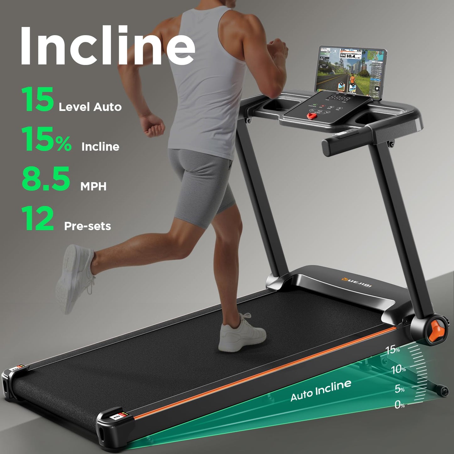 YUEJIQI 3220S Treadmills for Home, 15% Auto Incline, 3.5HP Quiet Brushless, 300Lbs Capacity, 16"x42" Wide Running Belt, Max 8.5 MPH, One-Touch Folding Treadmill with Bluetooth APP & Pulse Monitor