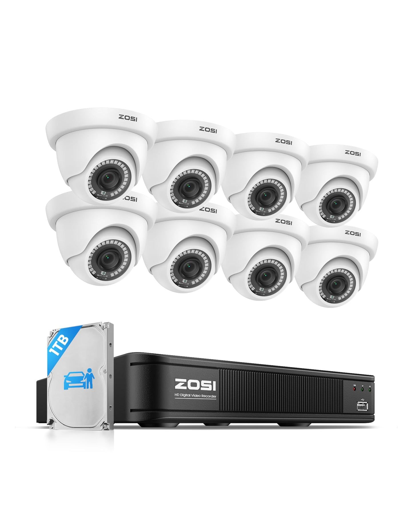 ZOSI 5MP 3K Lite 8 Channel H.265+ Home Security Camera System with AI Human Vehicle Detection, 8CH Surveillance DVR, 8 x 1080p Weatherproof CCTV Dome Camera Outdoor Indoor, 80ft Night Vision, 1TB HDD